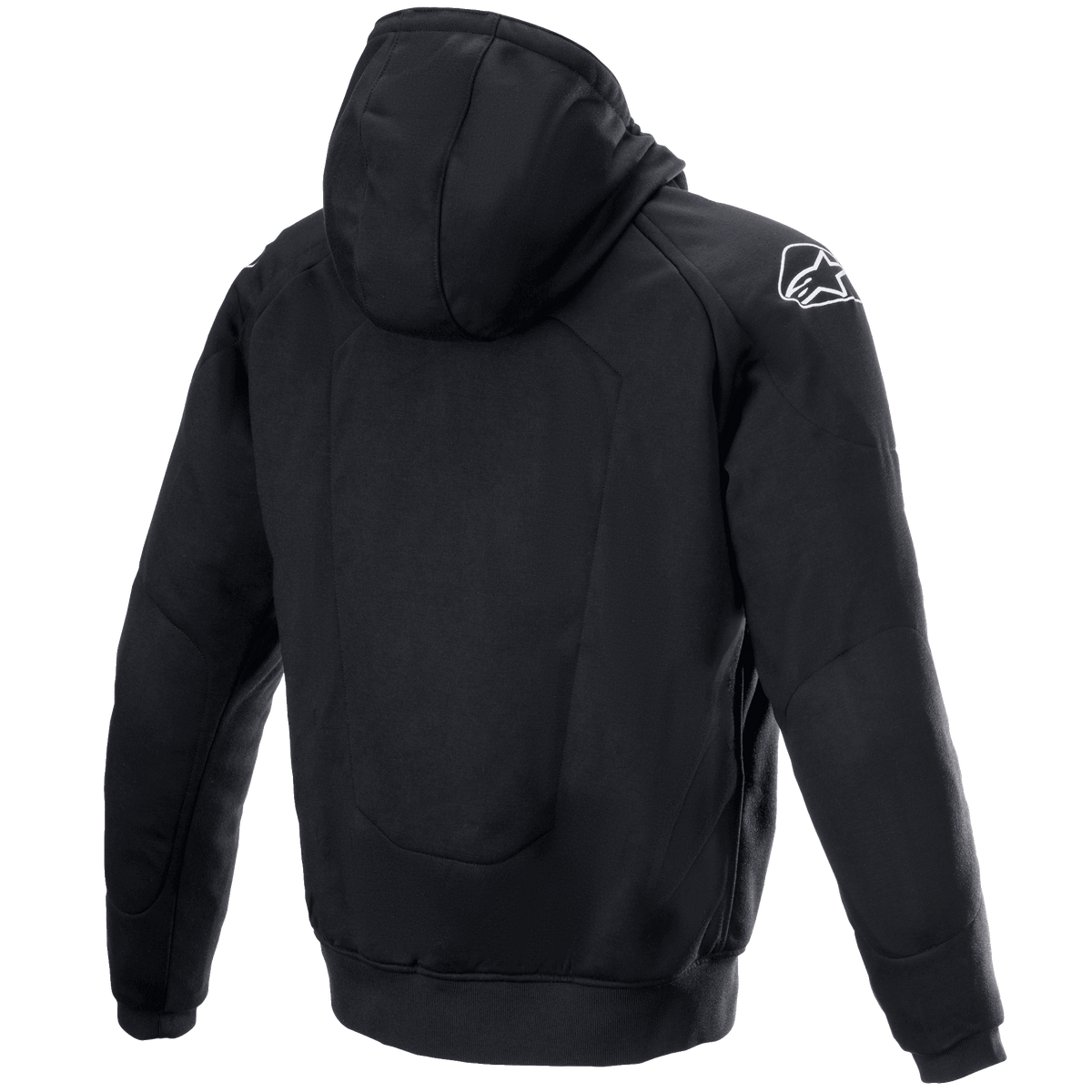 Alpinestars Chrome Ignition Hoodie, widok z tyłu, czarna tekstylna bluza motocyklowa, białe logo Alpinestars na prawym ramieniu, miejska odzież ochronna ze wzmocnionymi panelami na plecach i łokciach