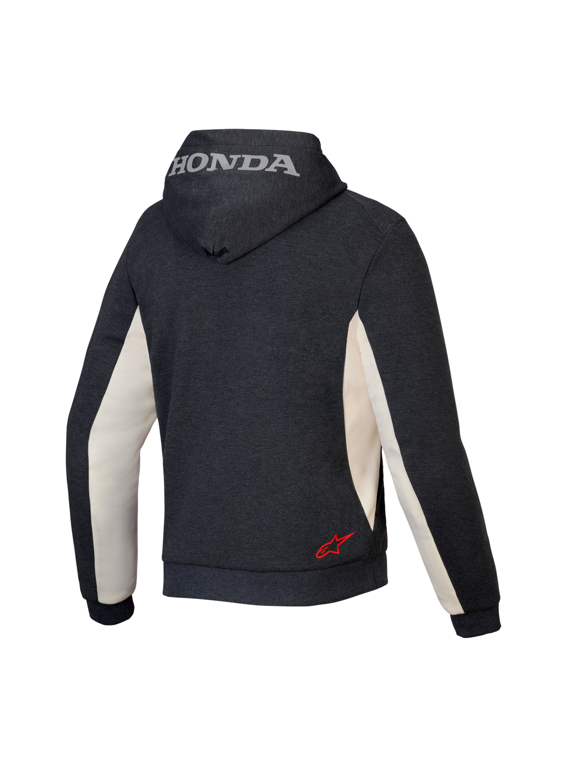 Alpinestars Honda Chrome V3 Sport Hoodie, miejska bluza motocyklowa, kolor antracytowy melanż i złamana biel, widok z tyłu przedstawiający srebrne logo Honda na kapturze oraz czerwone logo gwiazdy Alpinestars na dole pleców, konstrukcja z technicznego polaru