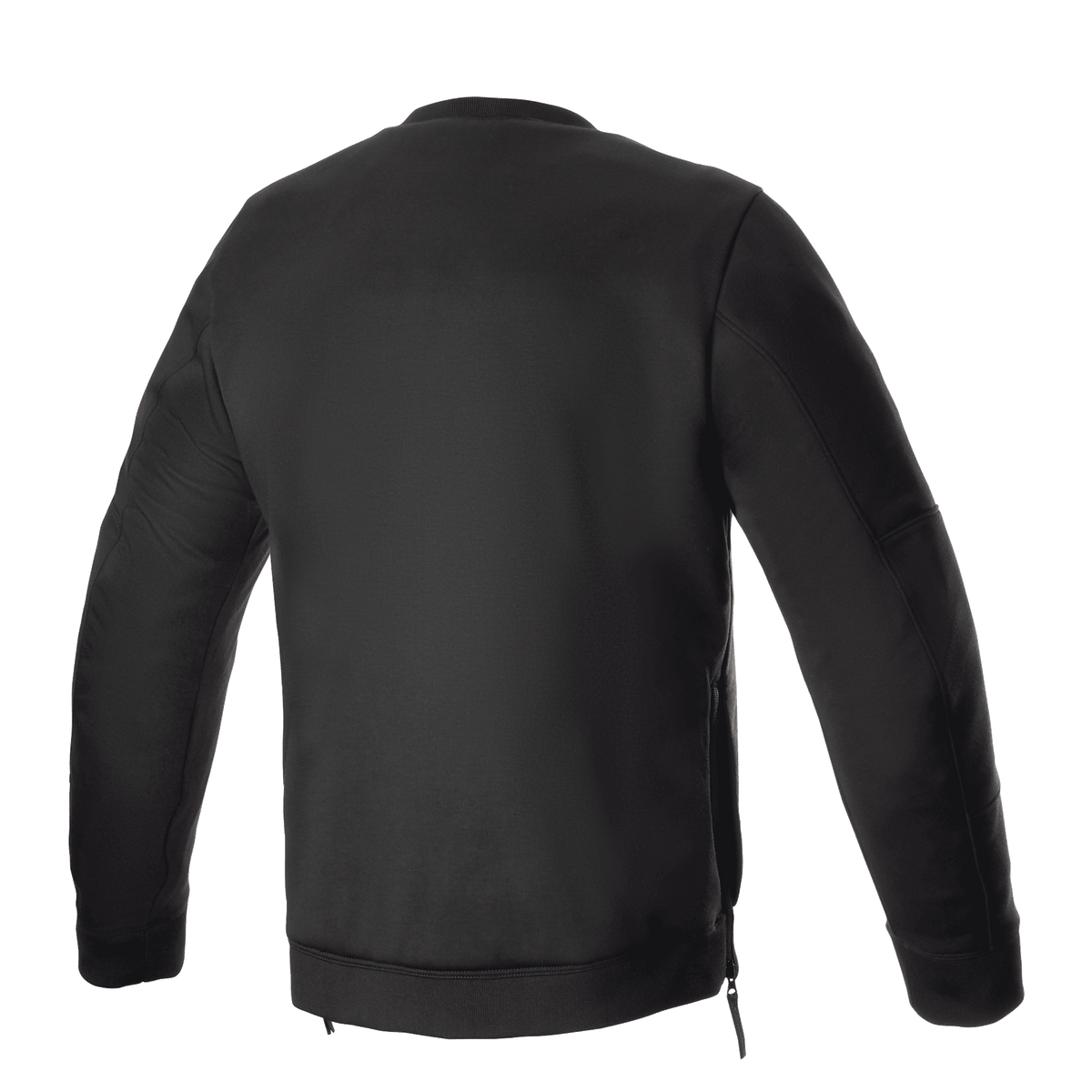 Alpinestars Legit Crew Fleece, czarna bluza motocyklowa, widok z tyłu, okrągły dekolt ze ściągaczami na mankietach i dole, boczne zamki błyskawiczne, codzienna odzież ochronna dla motocyklistów
