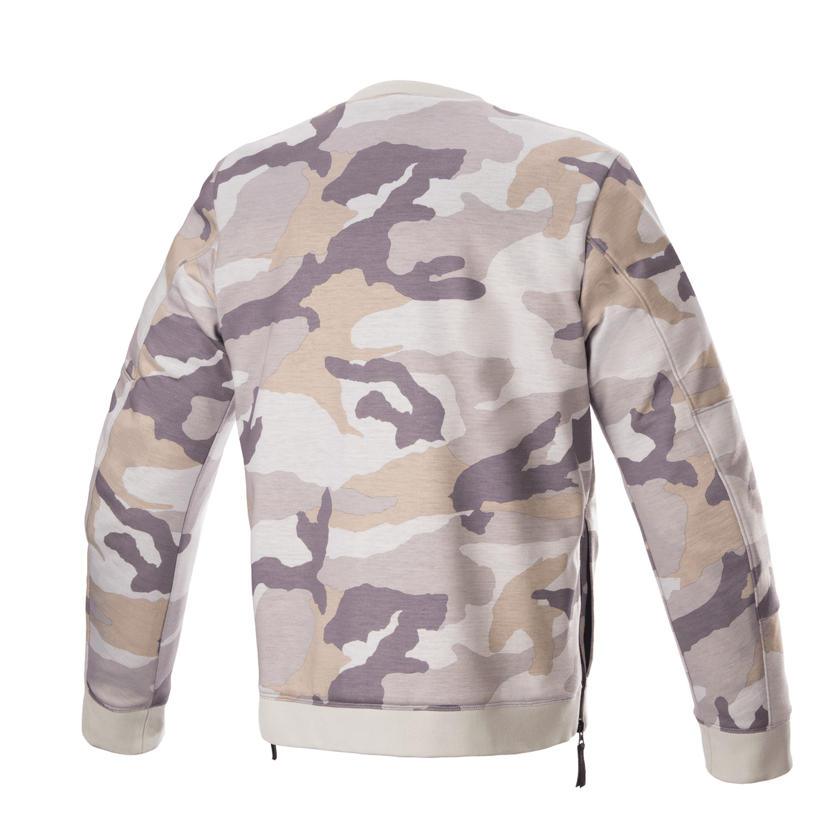 Alpinestars Legit Crew Fleece, Motorcycle Pullover, Light Gray Camo, back view, camouflage pattern in shades of gray and beige, ribbed collar and hem, side zippers, casual urban riding gear