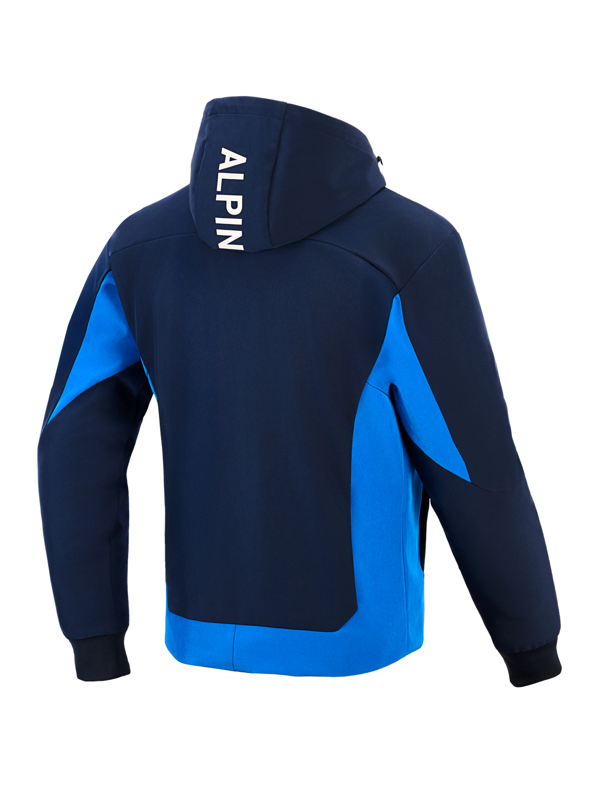 Alpinestars Radium Tech Hoodie, techniczna bluza motocyklowa, kolory Night Navy i Royal Blue, widok z tyłu z białym pionowym napisem „ALPIN” na kapturze, jaskrawoniebieskie panele boczne i dolna krawędź, ściągacze na mankietach, miejski sportowy design