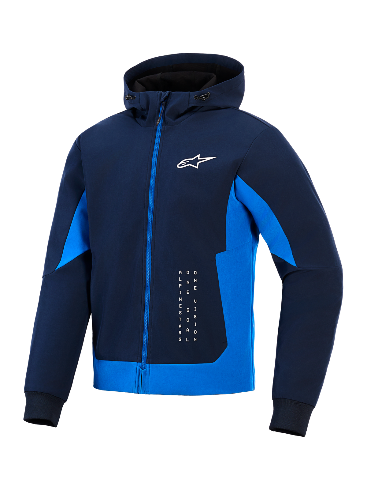 Alpinestars Radium Tech Hoodie, kolor Night Navy i Royal Blue, techniczna bluza typu shell z kapturem i pełnym zamkiem, białe logo Astar i pionowy branding, miejska kurtka motocyklowa