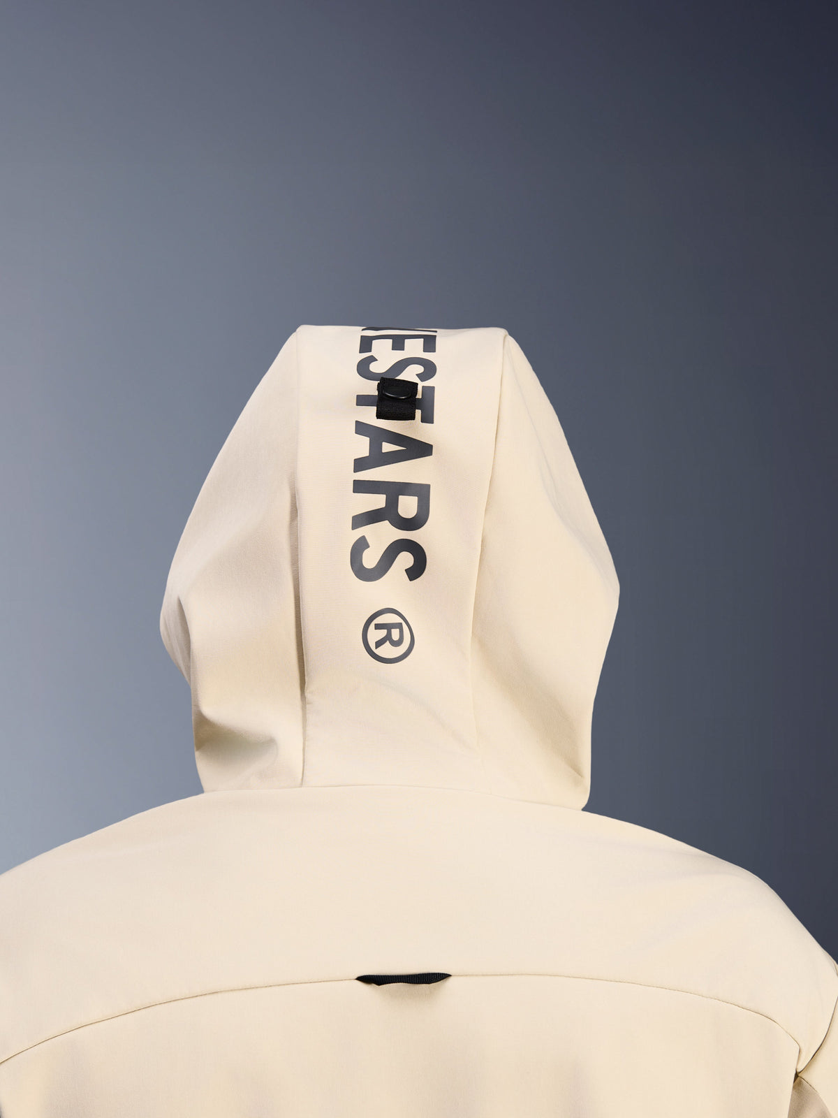 Alpinestars Radium Tech Hoodie in Mastic Aluminum, close-up back view of the hood showing vertical black Alpinestars branding and the hood attachment loop system, urban motorcycle apparel detail