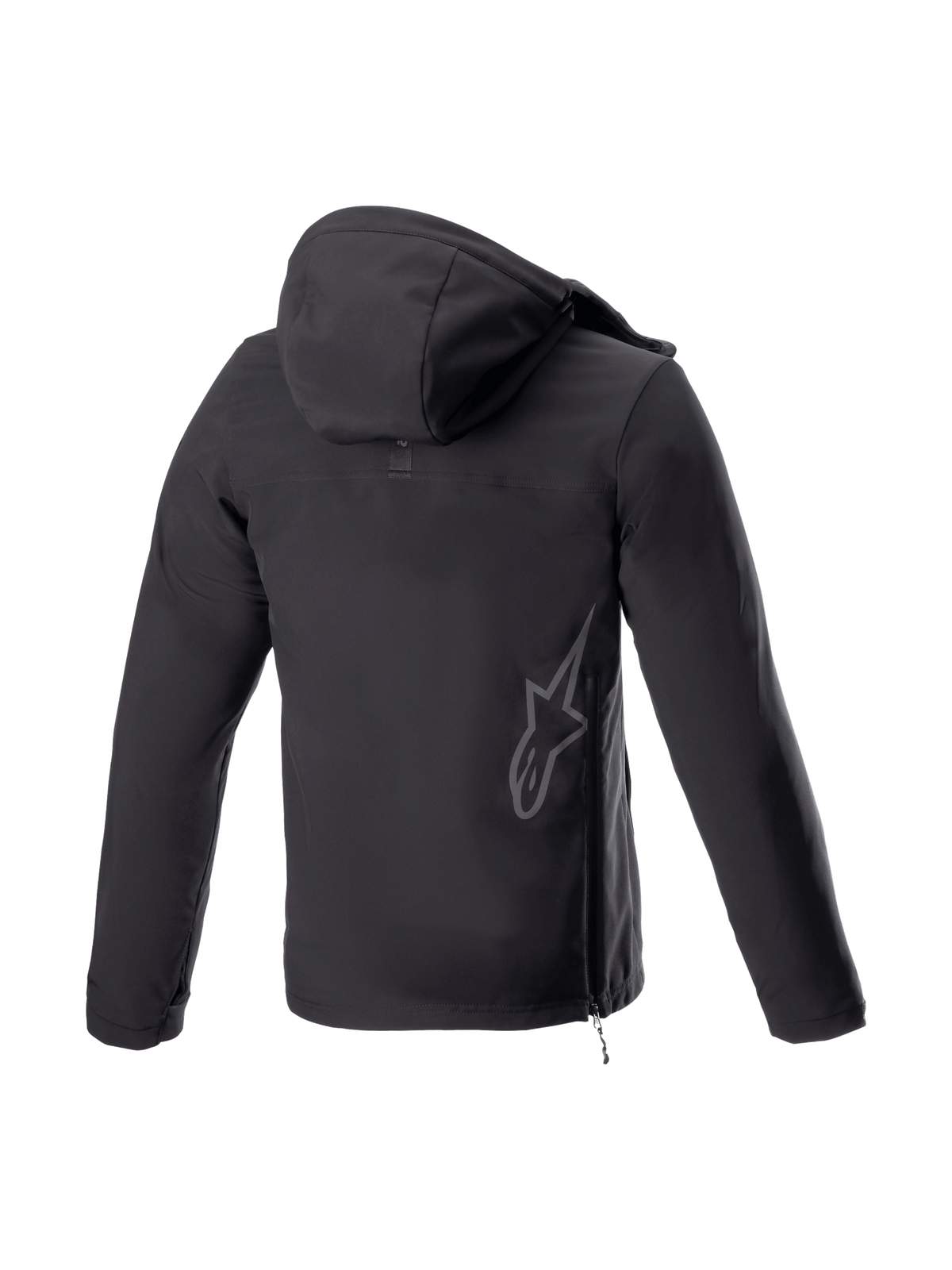 Alpinestars Bluza z kapturem Sherpa, czarna miejska kurtka motocyklowa softshell, tył z odblaskowym logo i bocznym zamkiem.