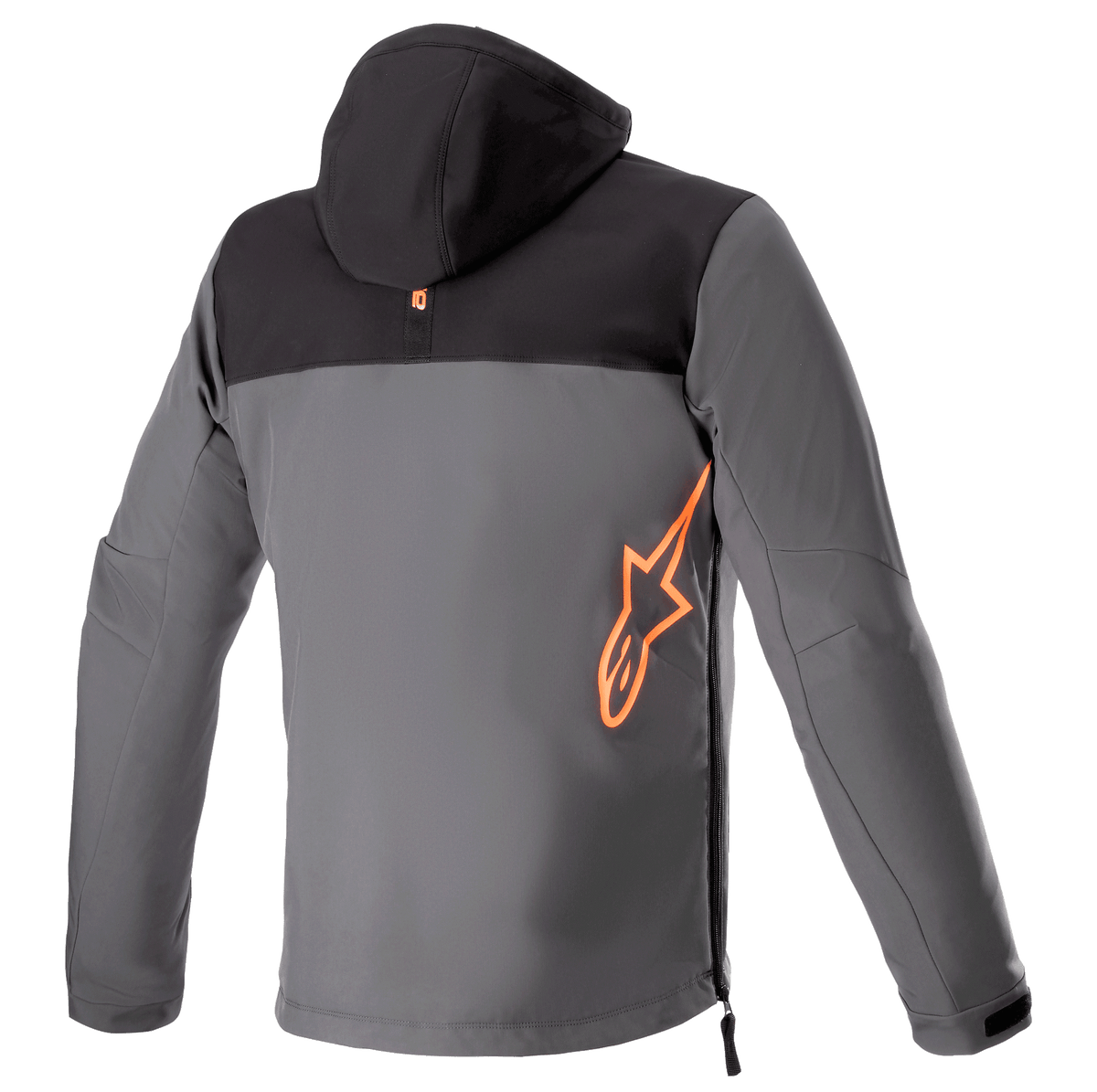 Alpinestars Sherpa Hoodie, widok od tyłu, techniczna kurtka motocyklowa w kolorze czarnym i szarym, duże fluorescencyjne pomarańczowe logo Alpinestars na dole pleców, boczny zamek, miejska odzież softshell