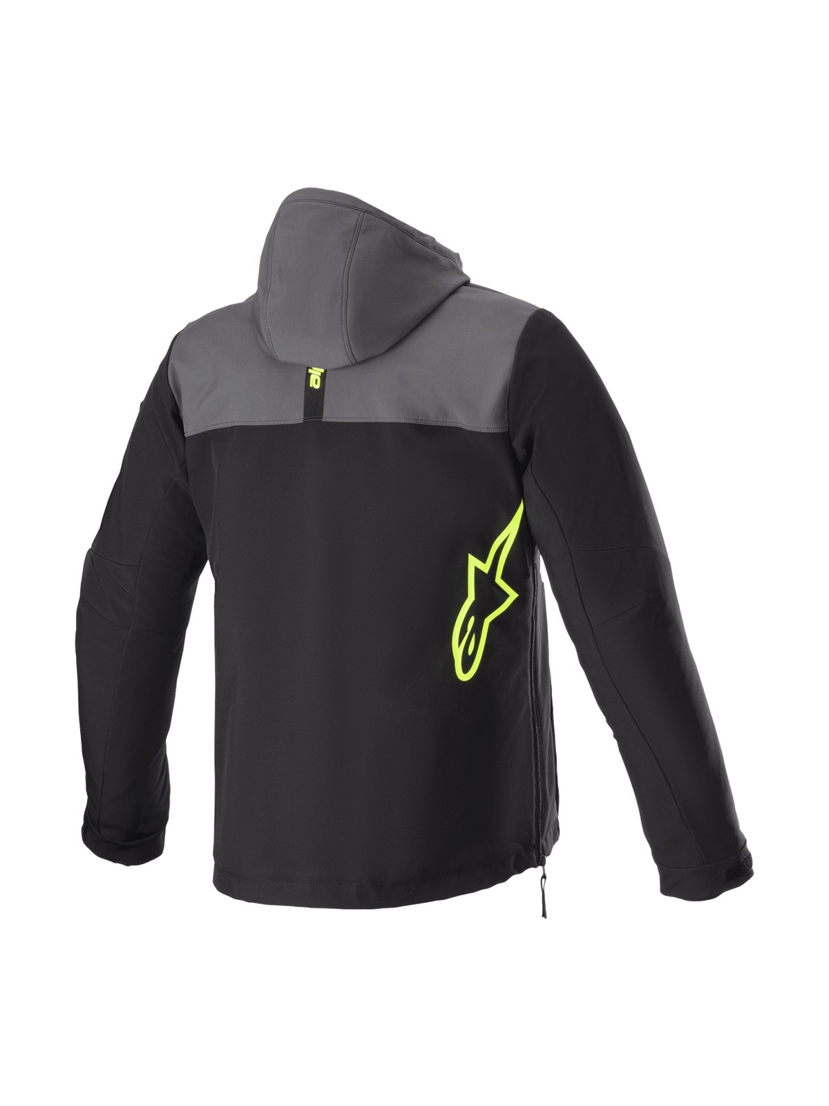 Kurtka z kapturem Alpinestars Sherpa, męska kurtka motocyklowa miejska, czarno-szara z żółtym logo, softshell, widok z tyłu