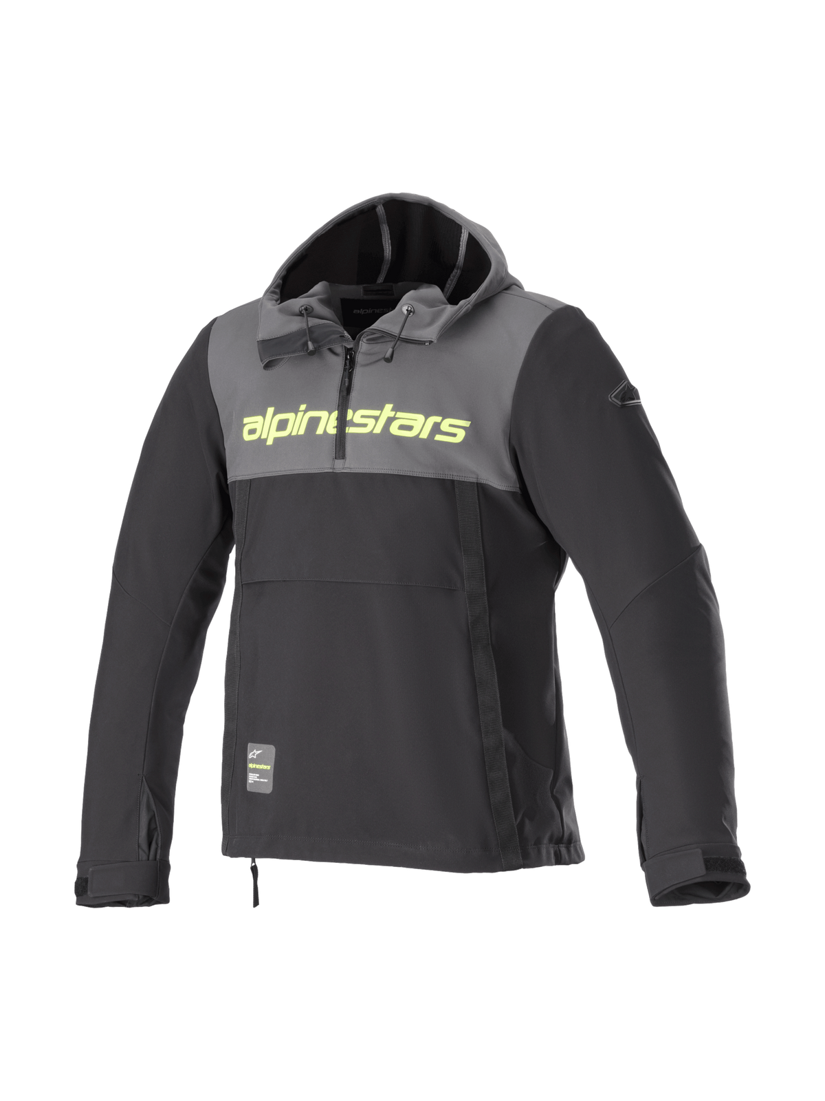Kurtka z kapturem Alpinestars Sherpa, męska wiatroodporna kurtka motocyklowa, szaro-czarna z żółtym logo fluo.