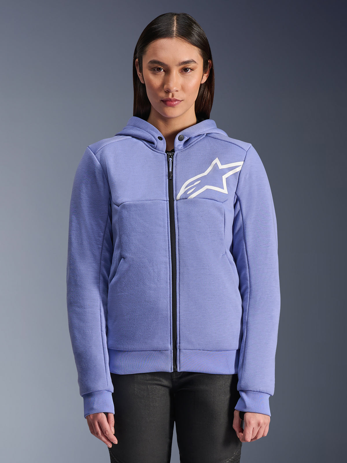 Alpinestars Stella Chrome V2 Sport Hoodie, Women's Motorcycle Hoodie, Blue Violet with white star logo, full-length front zipper, snap-button hood closure, tech fleece material for urban riding, casual protective motorcycle jacket