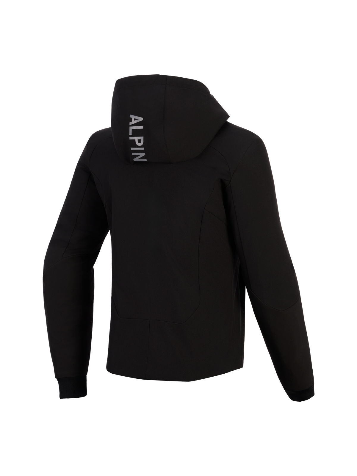 Alpinestars Stella Radium Tech Hoodie, widok z tyłu, czarna techniczna bluza motocyklowa, pionowy napis „ALPIN” na kapturze, elastyczne prążkowane mankiety, ochronna miejska odzież motocyklowa dla kobiet