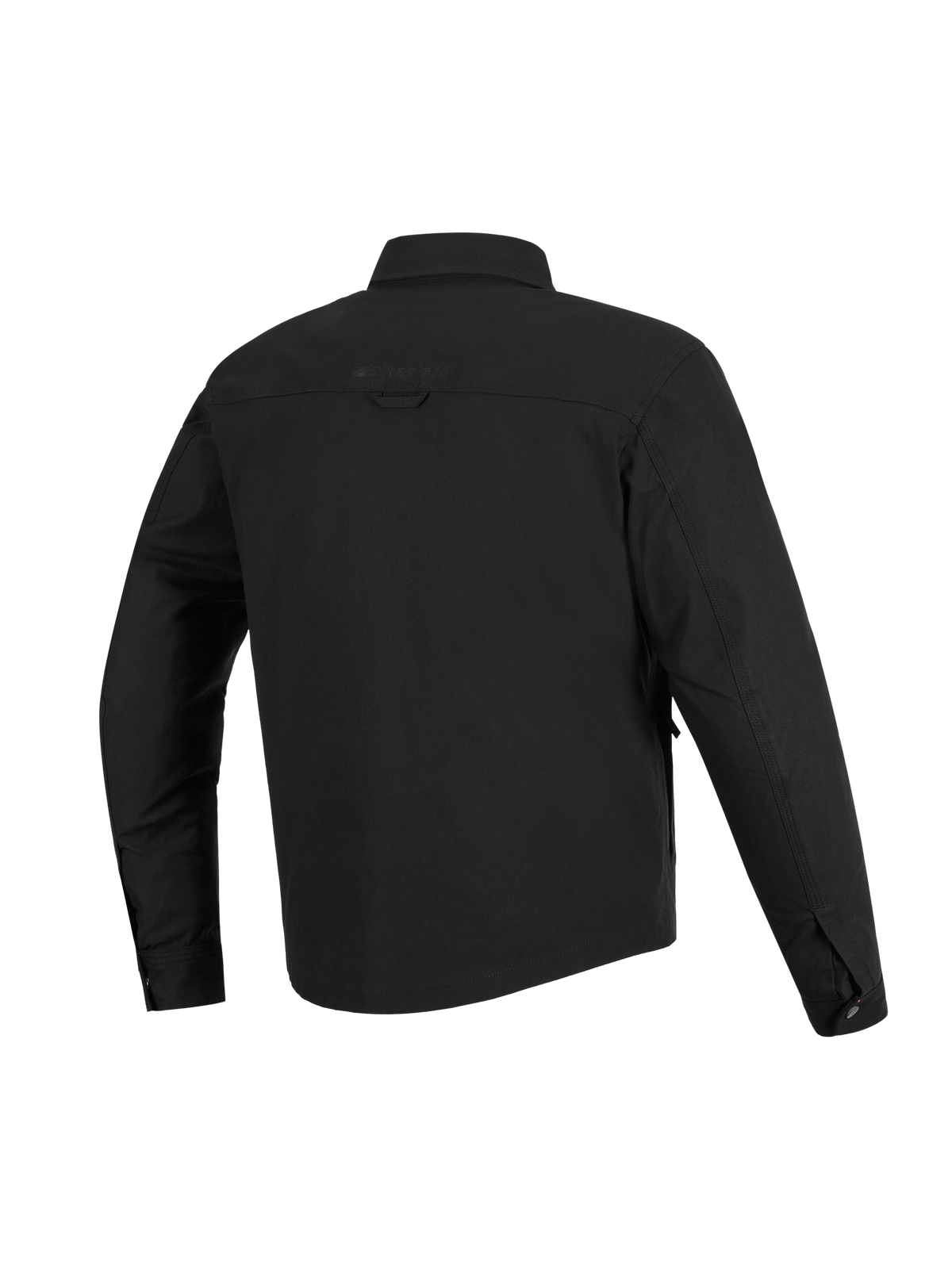 Alpinestars Bryon Water Resistant Overshirt, czarna, widok z tyłu, wykonana z wytrzymałego woskowanego płótna, z poziomym karczkiem na ramionach, pętlą do zawieszania i przedłużonym tyłem dla lepszej osłony podczas jazdy na motocyklu.