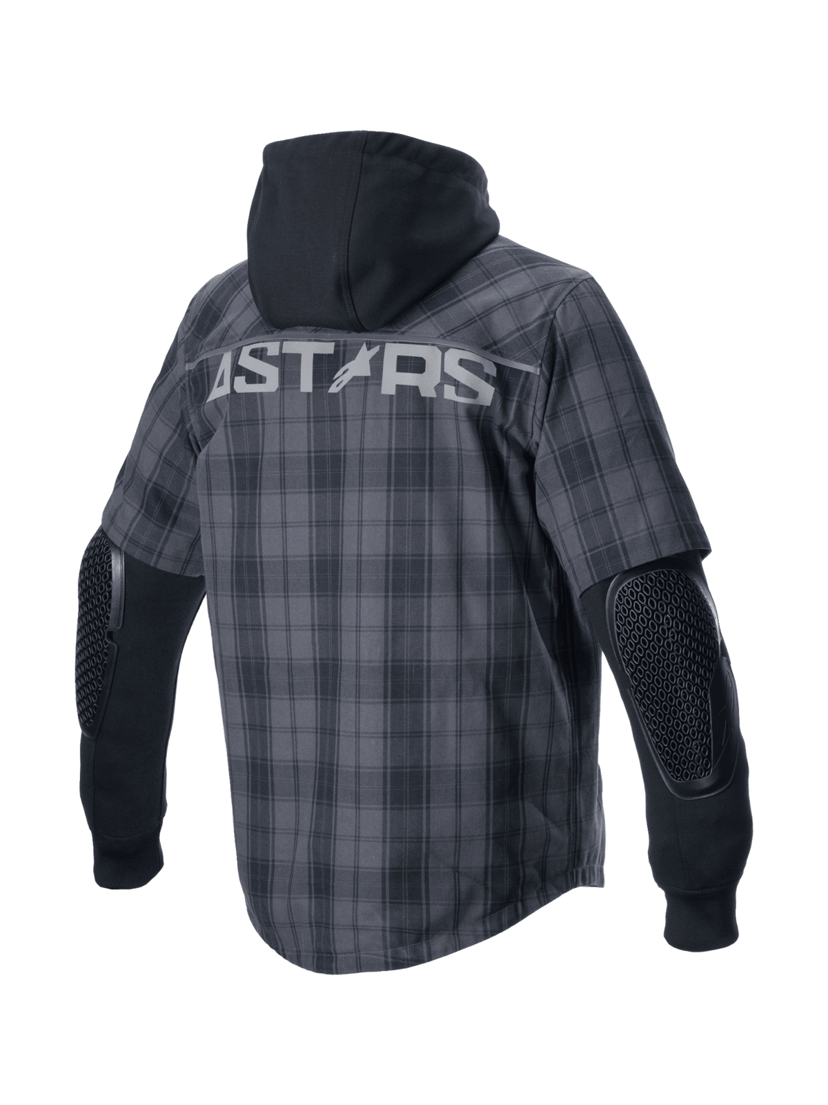 Alpinestars MO.ST.EQ Tartan Shirt, koszula motocyklowa miejska, szary i czarny wzór w kratkę, stały czarny kaptur, odsłonięte ochraniacze łokci, duże logo ASTARS na plecach
