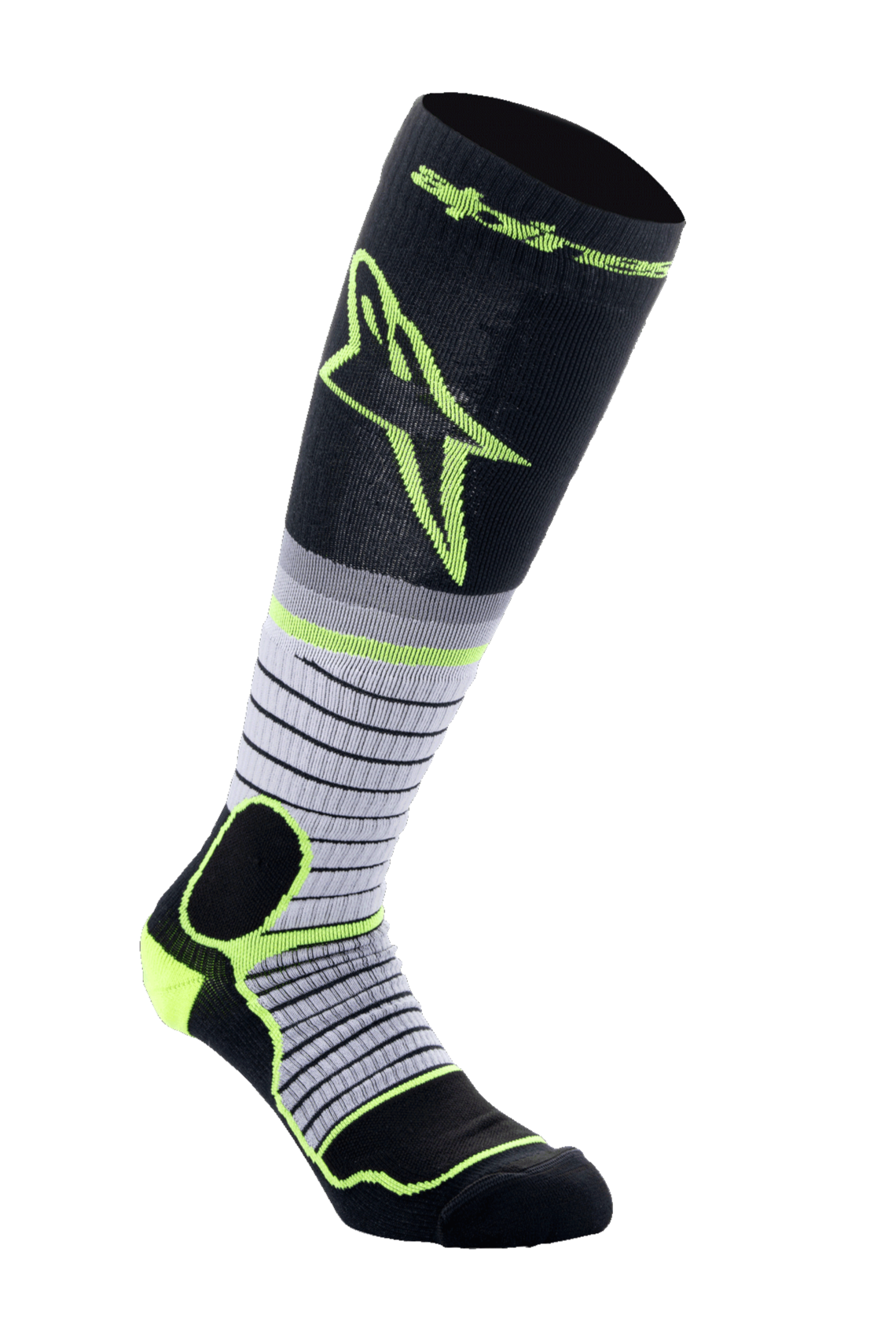 Alpinestars MX Pro Socks V2, skarpety motocrossowe, czarno-szare i żółte fluo, podkolanówki z poziomymi paskami i dużym żółtym logo, wzmocniona wyściółka do terenowych butów motocyklowych