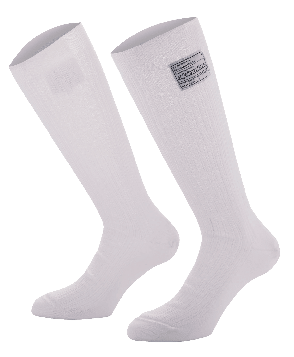 Alpinestars Race V4 Socks, białe podkolanówki wyścigowe do kolan, żebrowana konstrukcja Nomex z etykietą certyfikacji FIA, ognioodporna konstrukcja dla profesjonalnego motorsportu