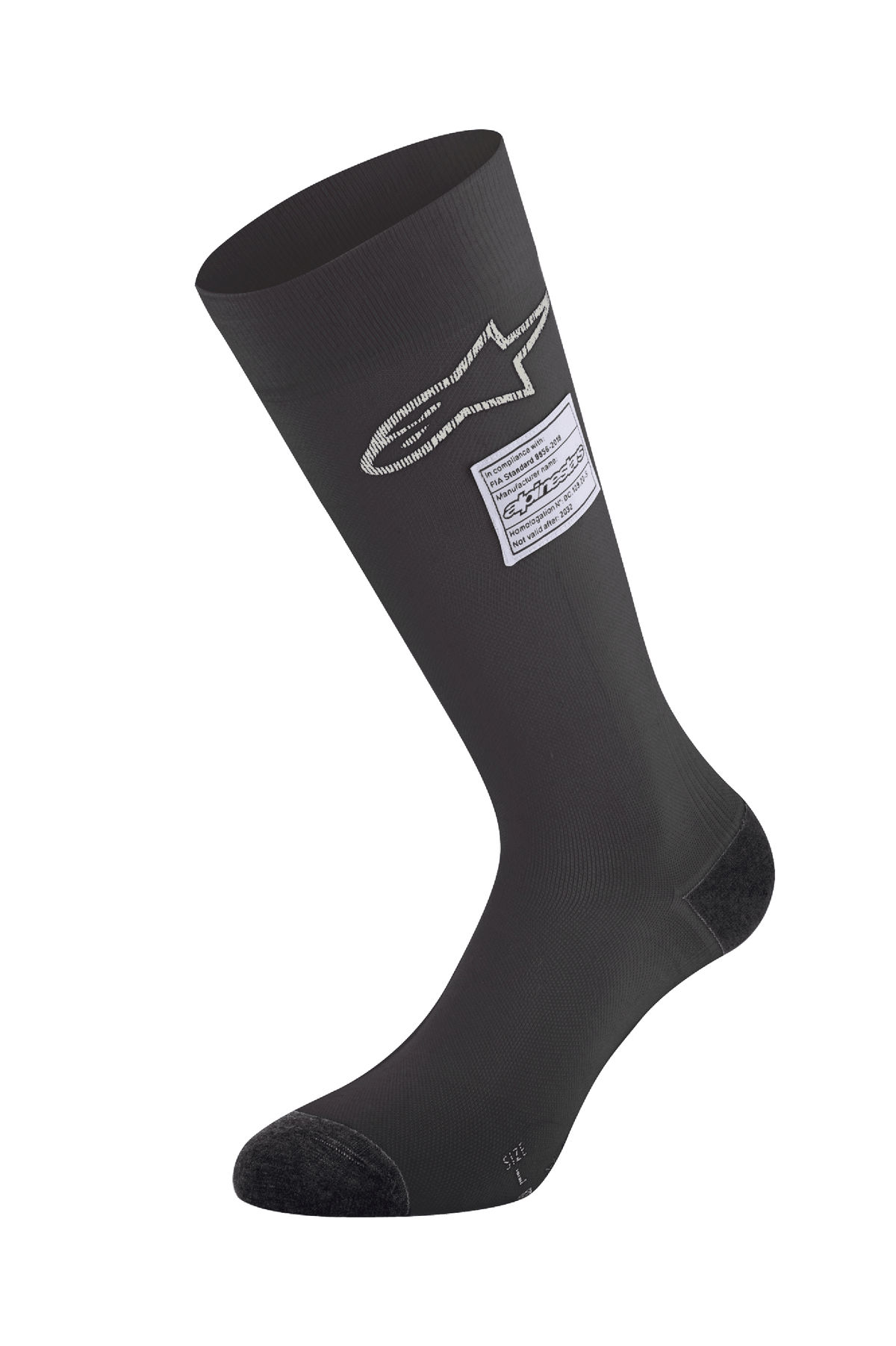 Alpinestars ZX V4 Socks, czarne skarpety do wyścigów samochodowych, z białym logo gwiazdy i etykietą certyfikacji FIA, bezszwowe podkolanówki ze wzmocnionymi palcami i piętą, ognioodporna warstwa bazowa do sportów motorowych