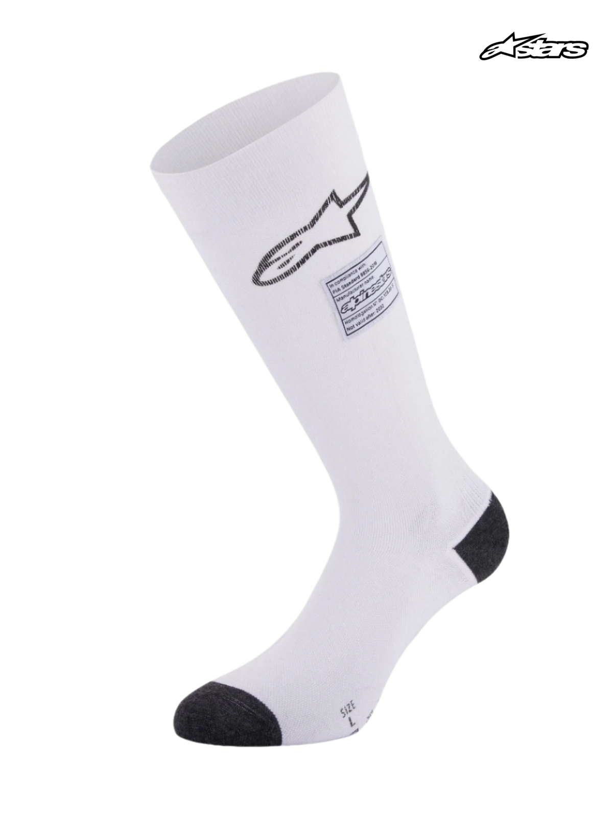 Alpinestars ZX V4 Skarpety, ognioodporne skarpety do wyścigów samochodowych, białe z czarnymi detalami, certyfikat FIA, konstrukcja aramidowa z kompresją stopniową