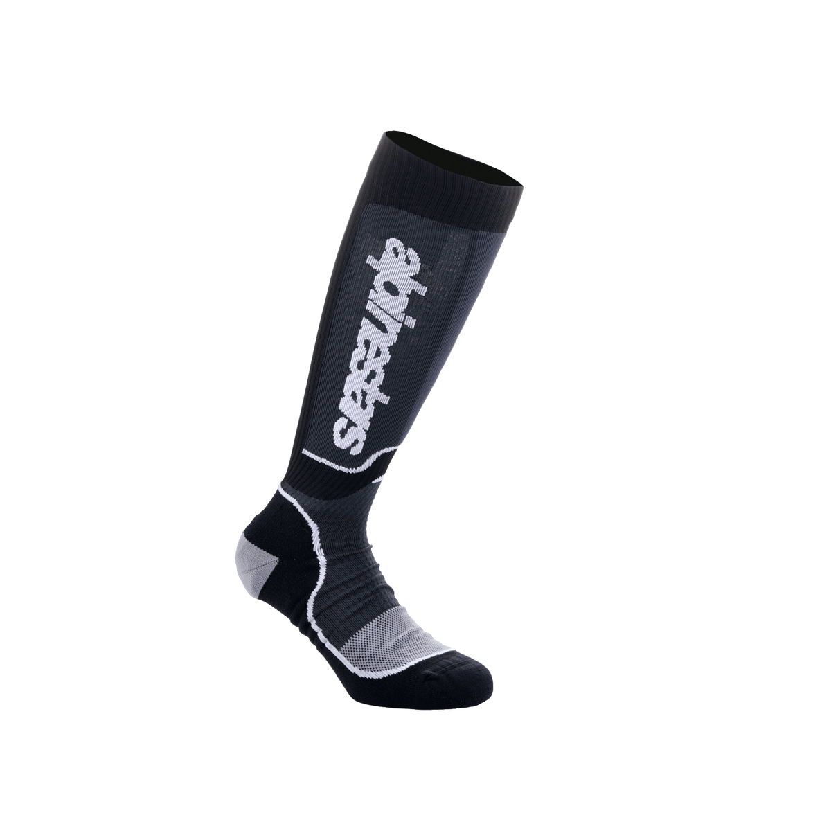 Alpinestars Youth MX Plus Socks, młodzieżowe skarpety motocrossowe do kolan, czarno-szare, z białym napisem Alpinestars, prążkowana tekstura ze wzmocnioną piętą i palcami, oddychająca jednowarstwowa konstrukcja do jazdy off-road