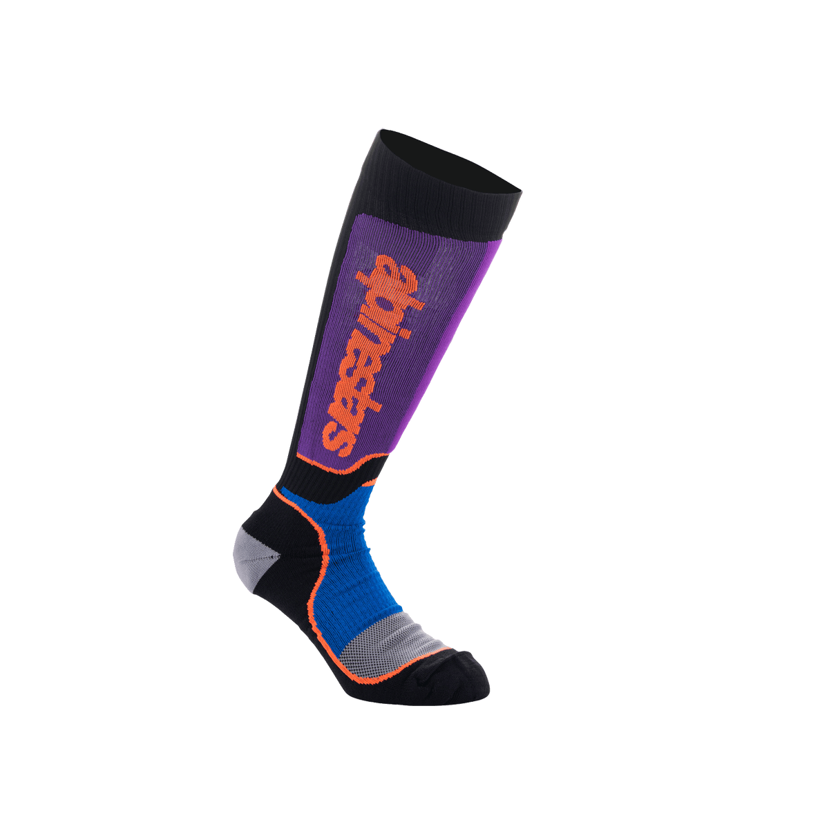 Alpinestars Youth MX Plus Socks, skarpety motocrossowe podkolanówki, czarne, niebieskie i fioletowe z pomarańczowym logo, prążkowana konstrukcja, wzmocniona pięta i palce, do jazdy off-road