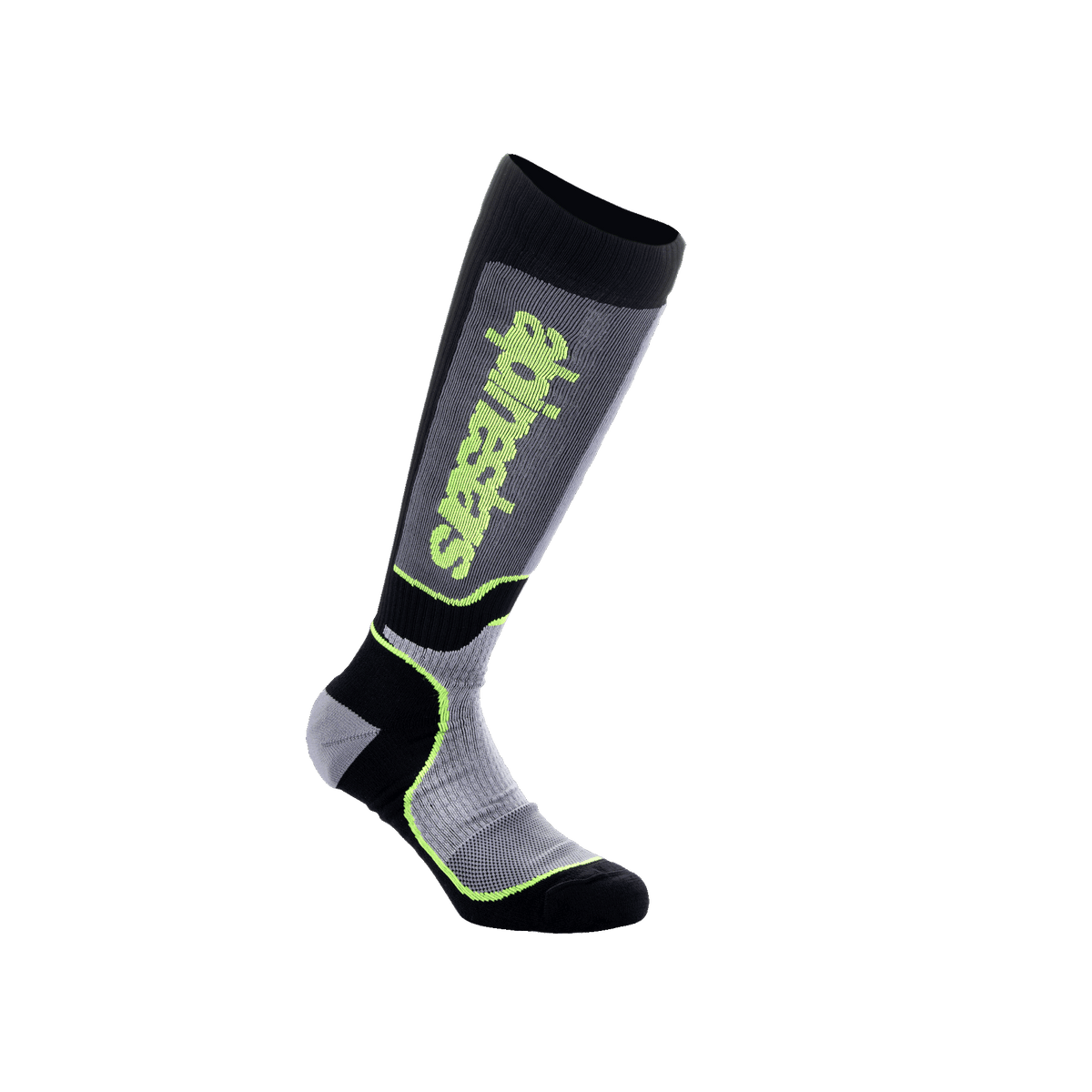Alpinestars Youth MX Plus Socks, skarpety motocrossowe, czarne, szare i żółte neonowe, wysoka konstrukcja podkolanówki z żebrowaną strukturą i logo Alpinestars, do wyścigów motocyklowych off-road