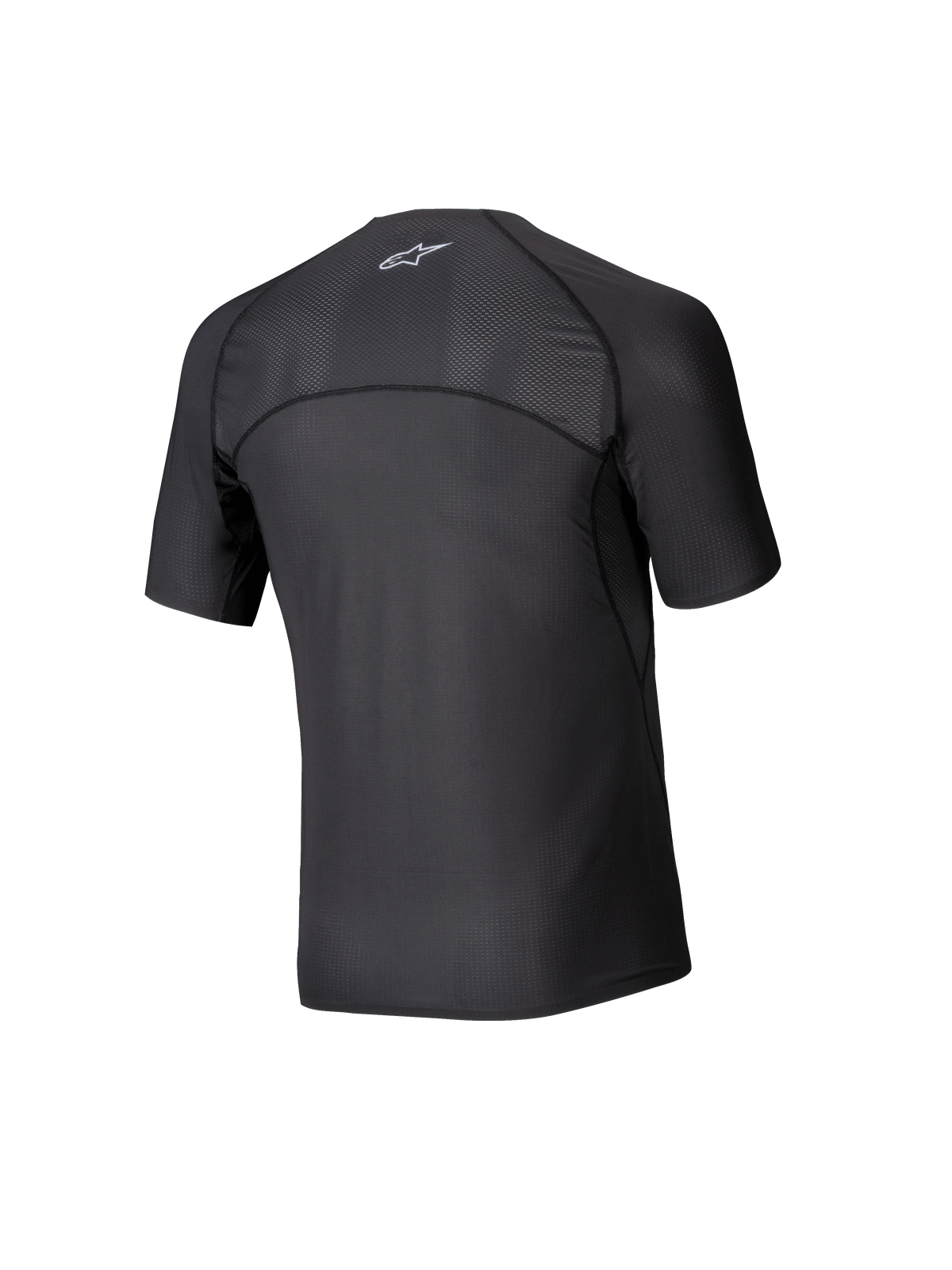 Alpinestars Tech KX Sim Top, kartingowa warstwa bazowa z krótkim rękawem, czarny, widok z tyłu ukazujący oddychające panele z siatki na ramionach i górnej części pleców, ergonomiczna konstrukcja szwów, wydajny materiał odprowadzający wilgoć
