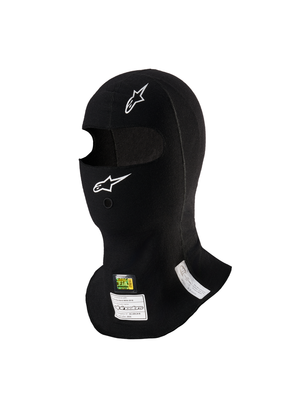 Kominiarka Alpinestars ZX Evo V3, czarna, ognioodporna kominiarka wyścigowa, białe logo Alpinestars, otwór na rurkę do nawadniania, metki z homologacją FIA/SFI, lekka i ergonomiczna konstrukcja do sportów motorowych