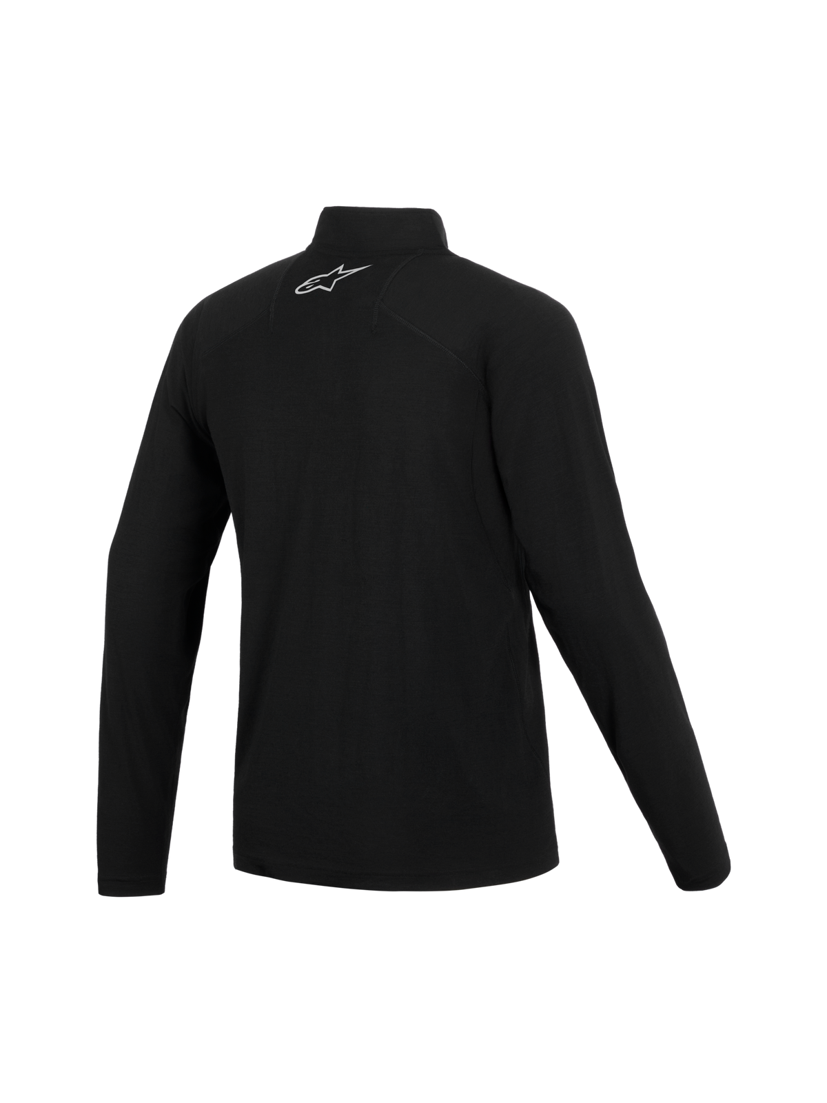 Alpinestars At 8 Merino Top Layer, czarna długa bielizna techniczna z długim rękawem z wełny merynosa, widok z tyłu pokazujący stójkę i logo