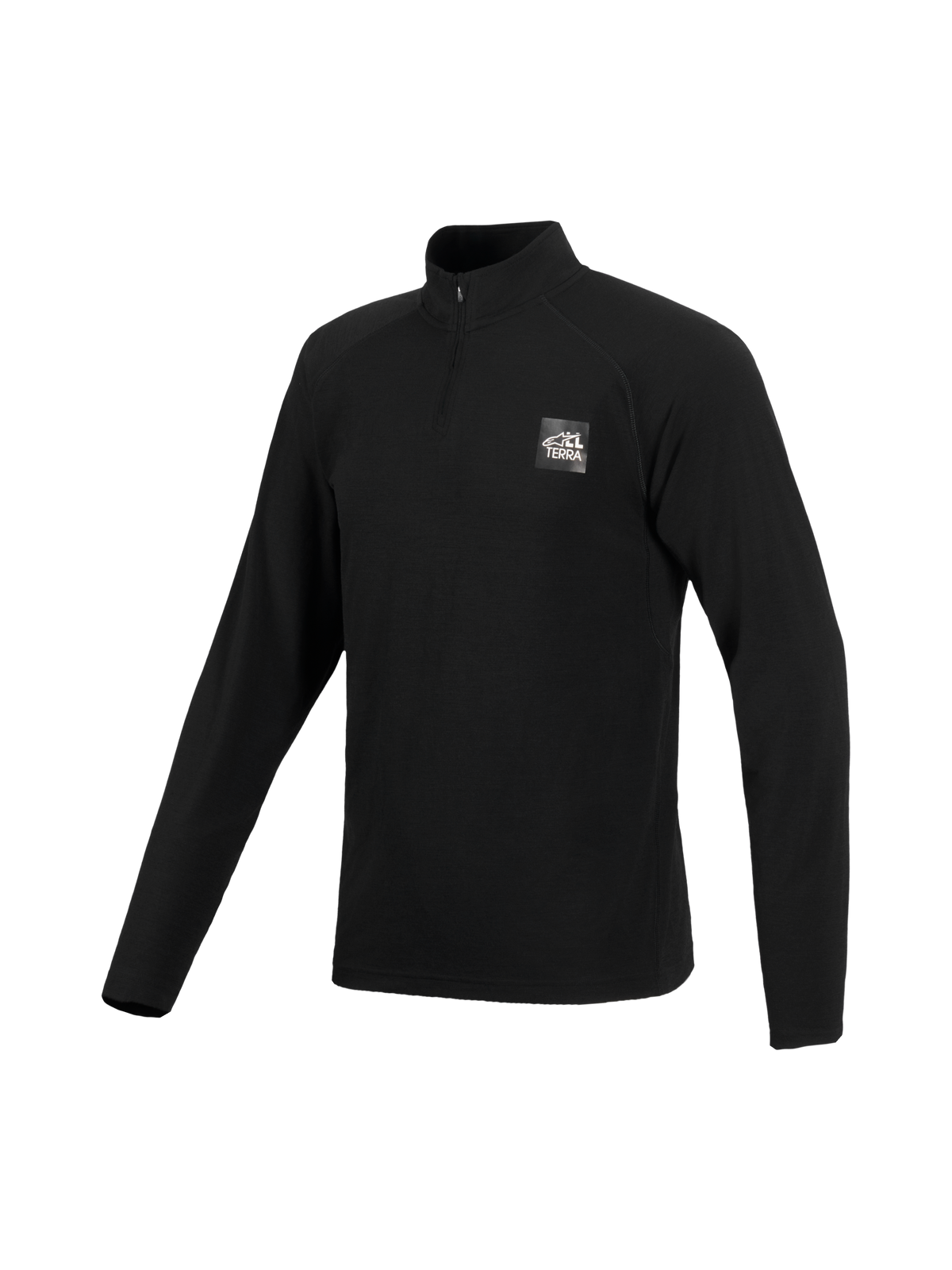 Alpinestars At 8 Merino Top Layer, czarna techniczna koszulka z długim rękawem i wełny merino, kołnierz zapinany na zamek do połowy, logo All Terra na piersi, odzież motocyklowa adventure