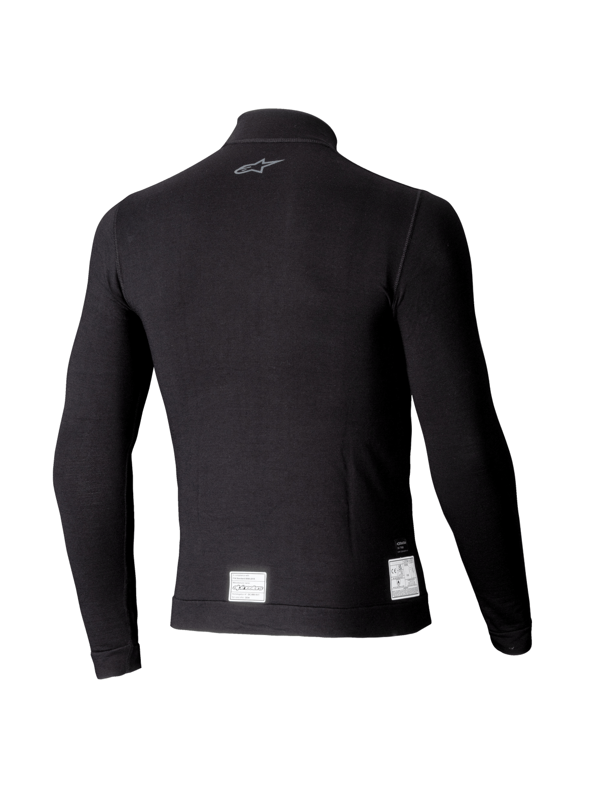 Alpinestars ZX Evo V3 Long Sleeve Top, czarna samochodowa warstwa bazowa, widok z tyłu z małym szarym logo na karku i białymi etykietami certyfikacyjnymi FIA/SFI przy dolnej krawędzi, lekka ognioodporna konstrukcja