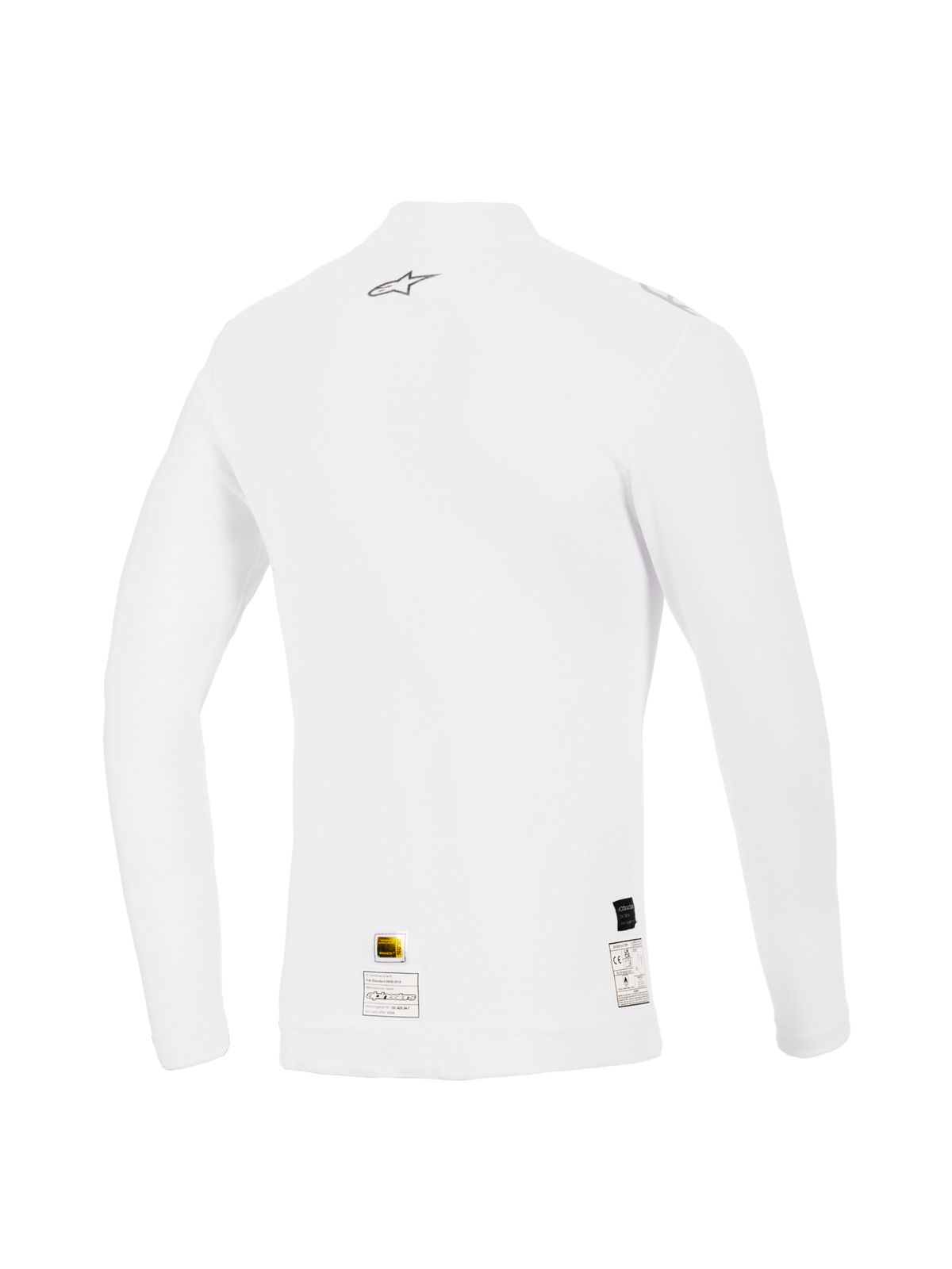 Alpinestars ZX Evo V3 Top z długim rękawem, biały, widok z tyłu, ognioodporna bielizna wyścigowa z małym szarym logo Alpinestars na górze pleców i etykietami certyfikacyjnymi na dole, sportowy krój, miękka struktura