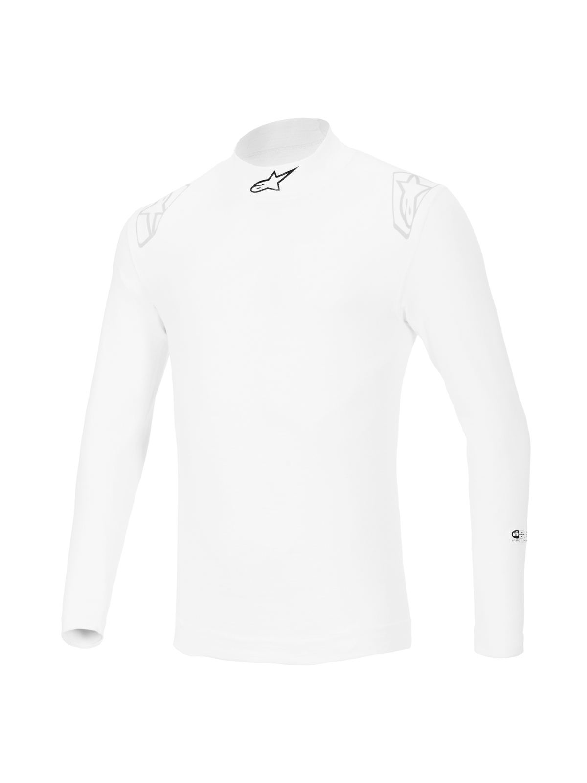 Alpinestars ZX Evo V3 Long Sleeve Top, biała samochodowa bielizna termoaktywna, ognioodporna konstrukcja z czarnym logo gwiazdy na kołnierzu i subtelnymi białymi logo na ramionach, profesjonalny sprzęt do sportów motorowych.