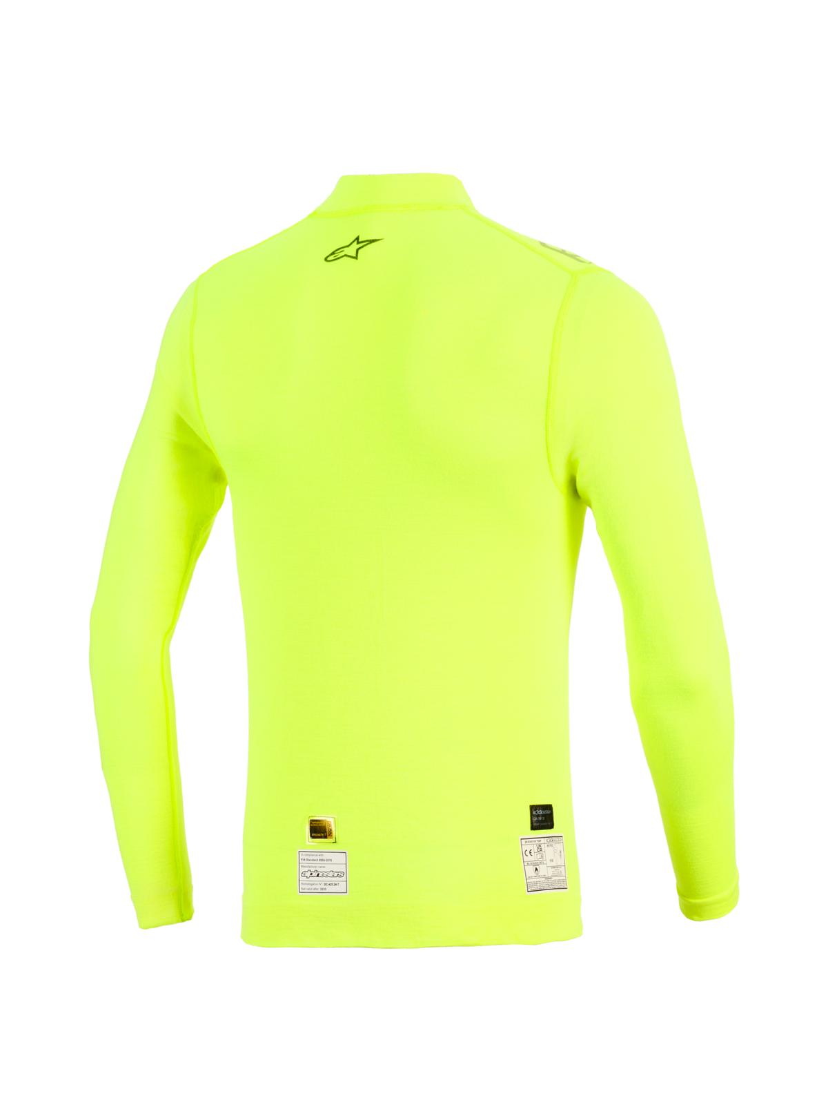 Alpinestars ZX Evo V3 Long Sleeve Top, widok z tyłu, Yellow Fluo, neonowożółta ognioodporna bielizna termoaktywna z czarnym logo gwiazdy w górnej części pleców i etykietami certyfikacyjnymi na dole, techniczna odzież motorsportowa