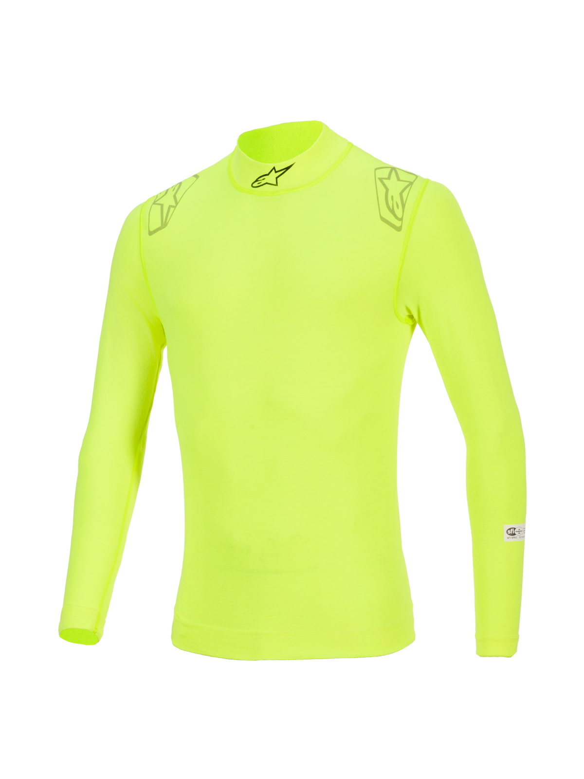 Alpinestars ZX Evo V3 Top, bielizna termoaktywna z długim rękawem, kolor Yellow Fluo, wysoki kołnierz z czarnym logo, grafiki gwiazd na ramionach, etykiety certyfikacji FIA/SFI na rękawie, techniczna ognioodporna bielizna do sportów motorowych