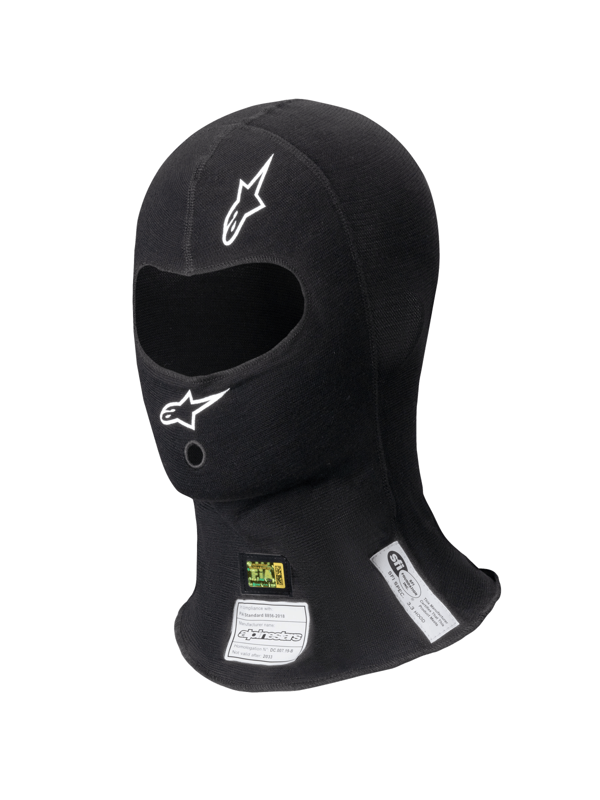 Alpinestars ZX Balaclava Evo V2 FIA/SFI, czarna kominiarka wyścigowa, pojedynczy otwór na oczy z białym logo, widoczne etykiety certyfikacji FIA i SFI na szyi, ognioodporna tkanina techniczna dla profesjonalnych sportów motorowych