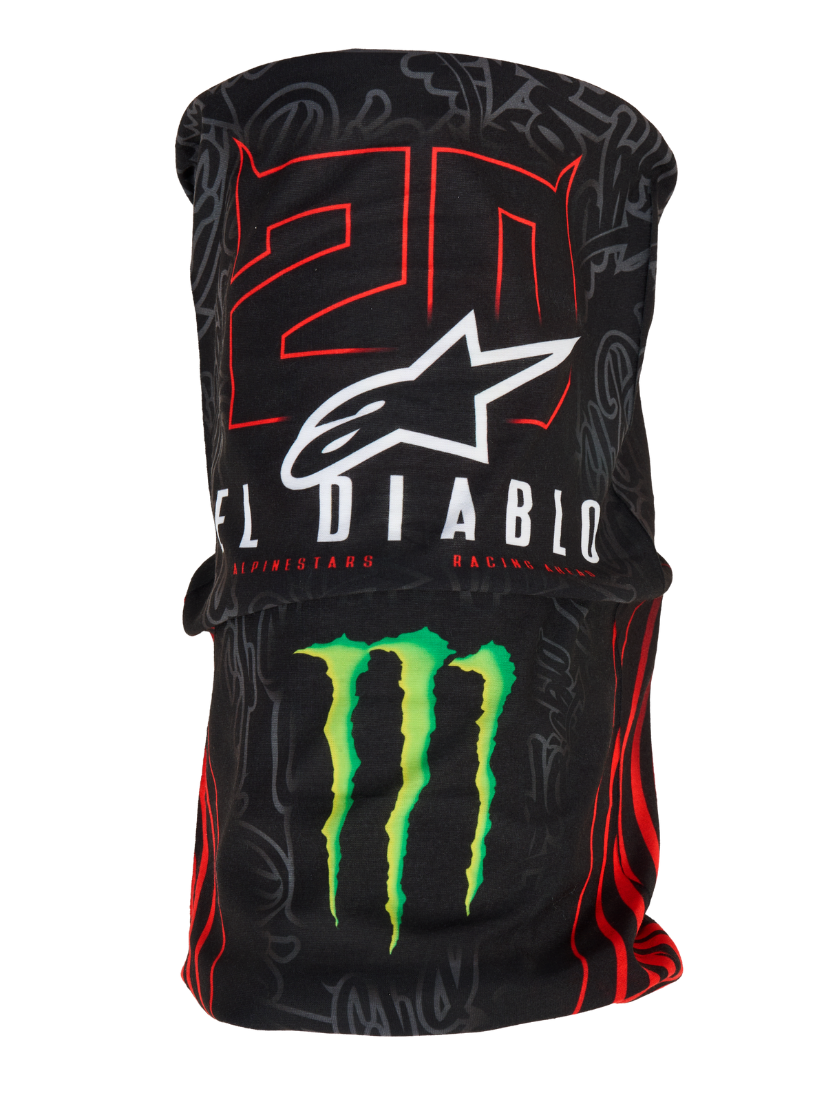 Alpinestars FQ20 Neck Tube Monster, lightweight motorcycle neck tube, black with red '20' and white 'El Diablo' graphics, white Alpinestars logo and green Monster Energy claw, racing-inspired accessory with a silky textile texture