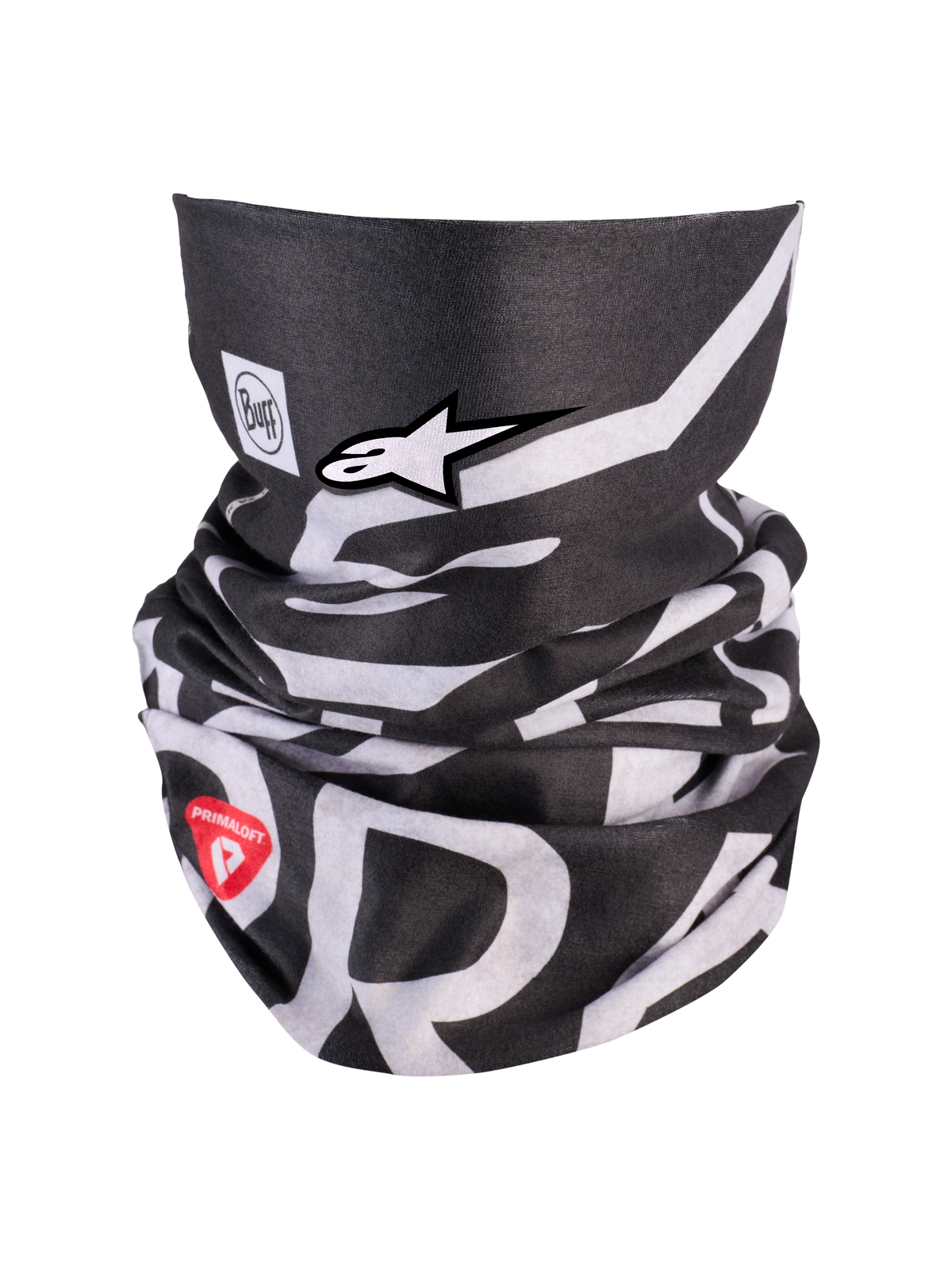 Alpinestars Buff All Terra Primaloft Neck Tube, czarno-biały komin termiczny, czerwone logo Primaloft i logo Alpinestars
