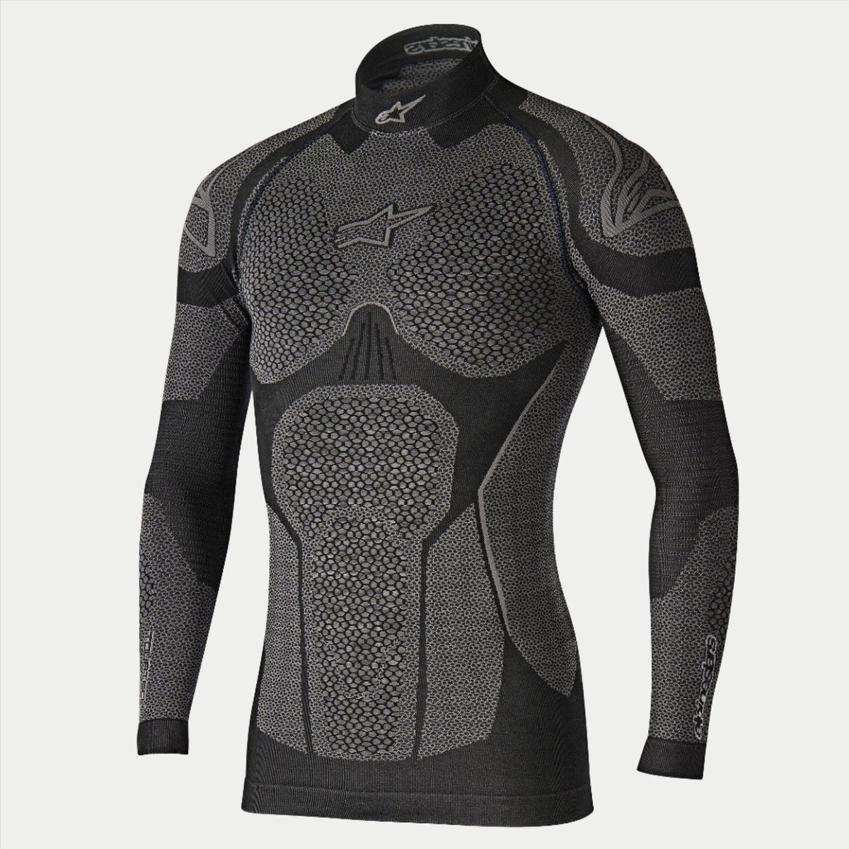 Alpinestars Ride Tech Top Long Sleeve Winter, motocyklowa bielizna termoaktywna, czarno-szara, techniczna koszulka z długim rękawem, panele o strukturze plastra miodu o podwójnej gęstości, krój kompresyjny, stójka z białym logo Alpinestars, profesjonalna odzież termiczna na zimę