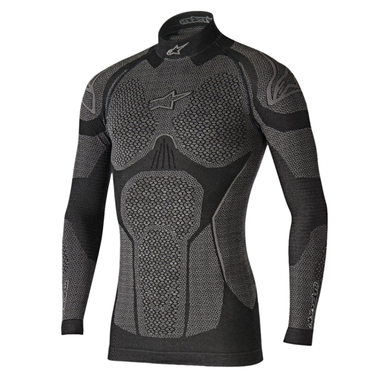 Alpinestars Ride Tech Top Long Sleeve Winter, techniczna bielizna termoaktywna, czarno-szara, panele o strukturze plastra miodu, stójka, dopasowanie kompresyjne do jazdy motocyklem w zimne dni