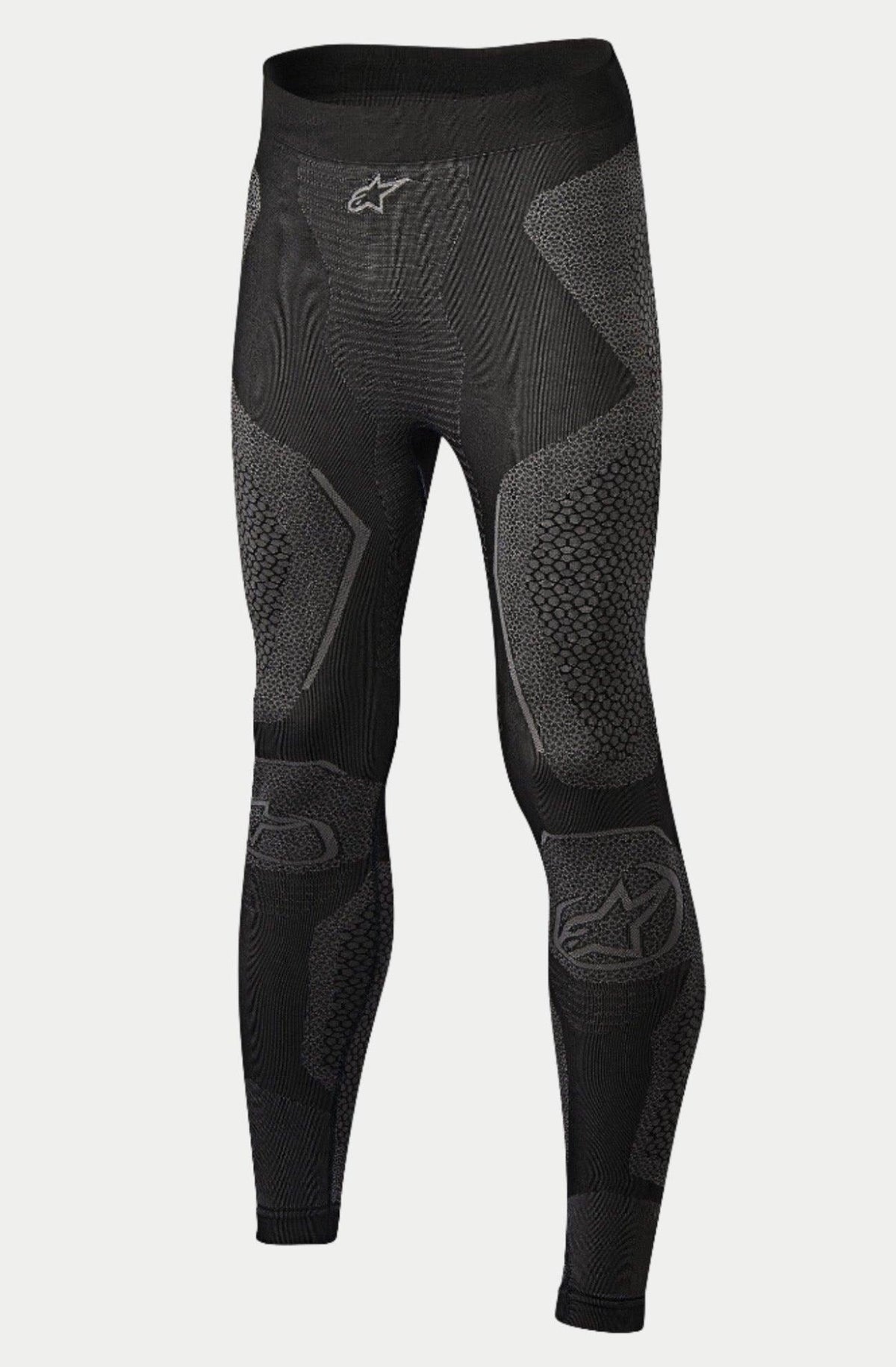 Alpinestars Ride Tech Bottom Winter, motocyklowe spodnie termoaktywne, czarno-szare, z panelami z dzianiny o podwójnej gęstości i teksturowanymi wzorami, bezszwowa konstrukcja, logo Alpinestars w pasie i na goleniach, zaprojektowane do jazdy w niskich temperaturach