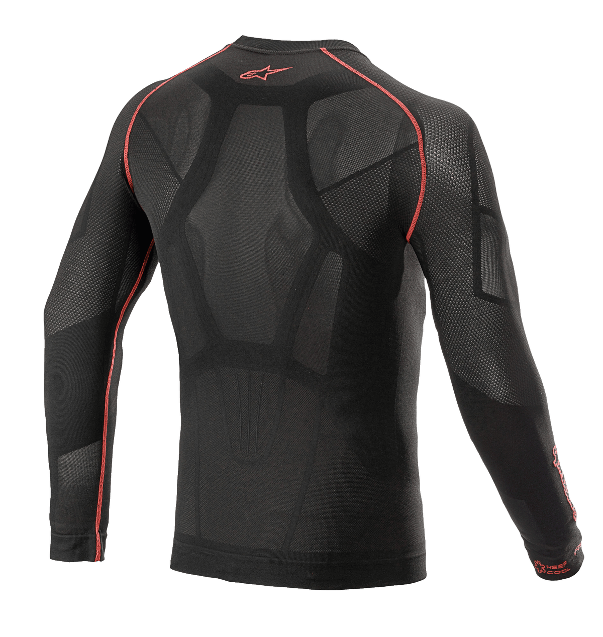 Alpinestars Ride Tech V2 Top Long Sleeve Summer, motocyklowa warstwa bazowa, czarno-czerwona, widok z tyłu przedstawiający konstrukcję dopasowaną do ciała z wstawkami z otwartej siatki, czerwone płaskie szwy oraz czerwone logo Alpinestars na kołnierzu, techniczna warstwa na ciepłe dni