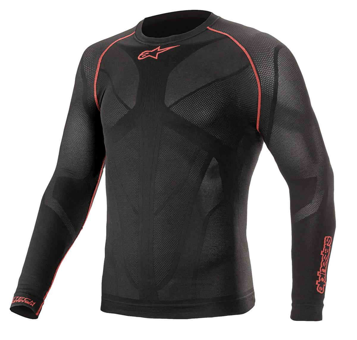 Alpinestars Ride Tech V2 Top Long Sleeve Summer, motocyklowa koszulka termoaktywna z długim rękawem, czarna z czerwonymi akcentami, oddychające panele mesh dopasowane do sylwetki, czerwone płaskie szwy na ramionach, logo na klatce piersiowej i rękawie