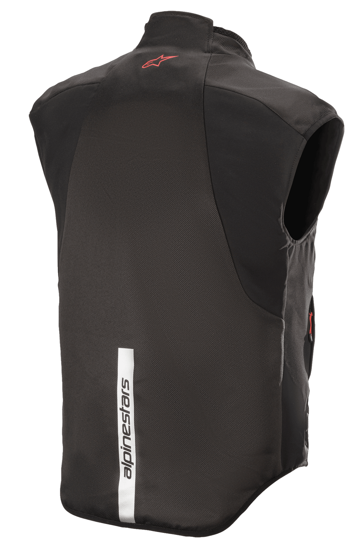 Alpinestars HT Heat Tech Vest, czarna, widok z tyłu z czerwonym logo Astars w górnej części pleców i pionowym odblaskowym białym paskiem z napisem Alpinestars na dole, motocyklowa podgrzewana warstwa podstawowa