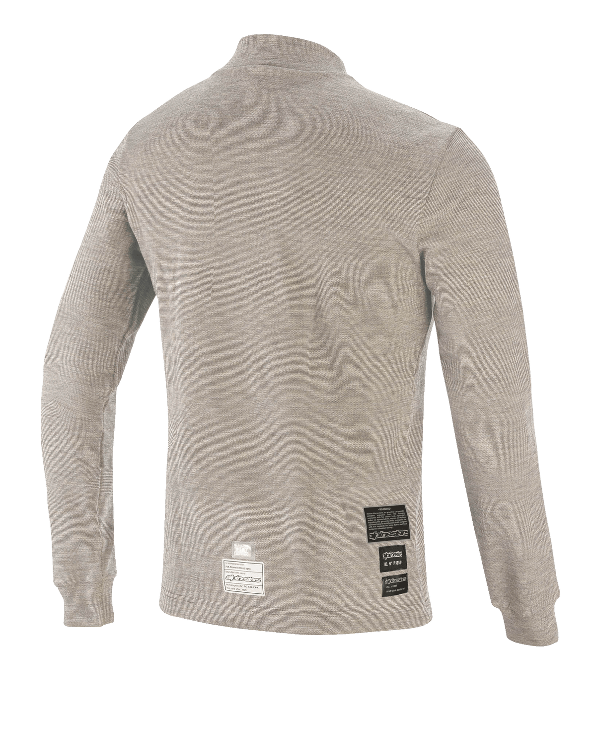 Alpinestars Race V3 Long Sleeve Top, samochodowa warstwa bazowa, szary melanż, widok z tyłu przedstawiający techniczna tkaninę ognioodporną i naszywki z certyfikatem FIA przy dolnej krawędzi
