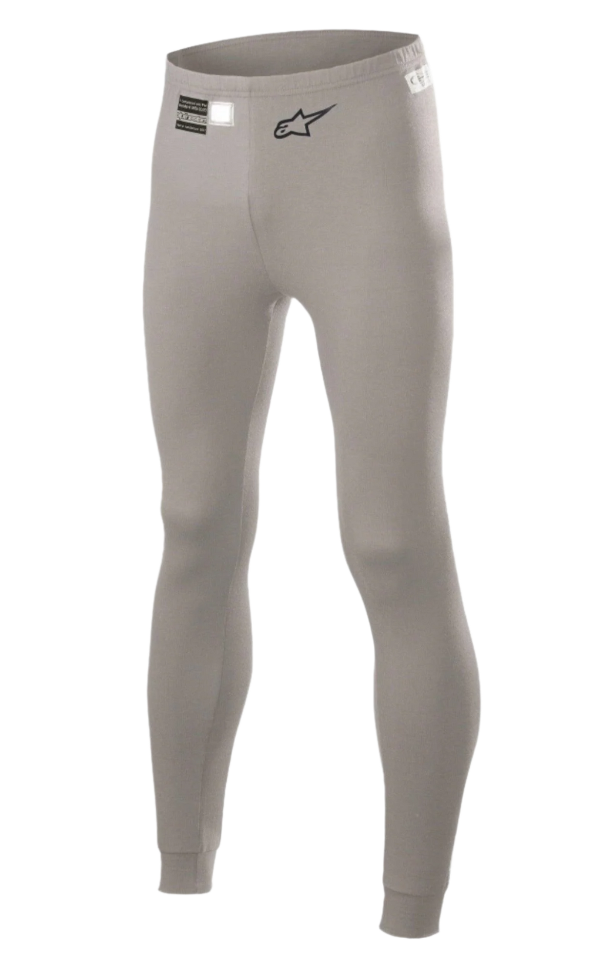 Alpinestars Race V2 Bottom FIA, samochodowa bielizna techniczna, szara, z czarnym logo Alpinestars i metką z homologacją FIA w pasie, dopasowany krój z materiału ognioodpornego