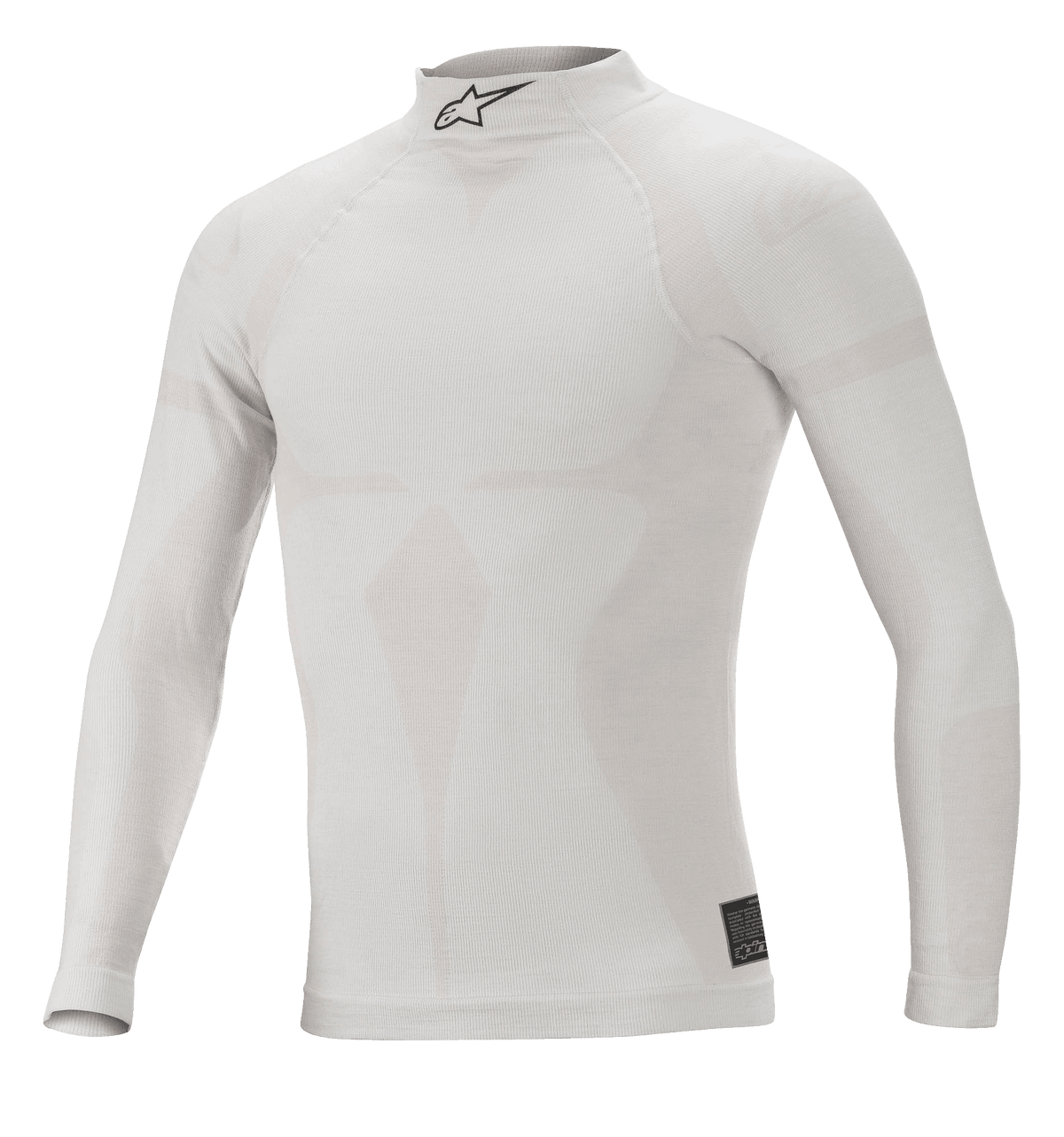 Alpinestars ZX Evo V2 Long Sleeve Top, White Gray, Flame-Resistant Auto Racing Base Layer, High Collar with Black Astars Logo, Seamless Construction with Jacquard Motif, Lightweight and Fitted Performance Underwear