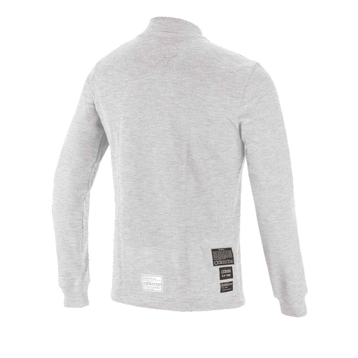Alpinestars Race V3 Long Sleeve Top, samochodowa warstwa bazowa, biały, widok z tyłu z etykietami homologacji FIA 8856-2018 w dolnej części pleców, miękki teksturowany materiał ognioodporny zapewniający ochronę w motorsporcie