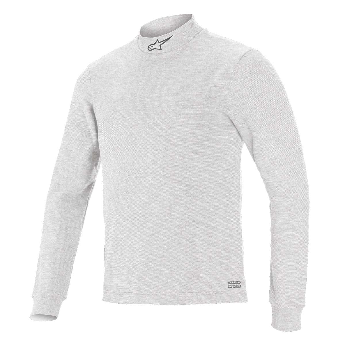 Alpinestars Race V3 Long Sleeve Top, samochodowa warstwa bazowa, biała, wysoki kołnierz z małym logo, długie rękawy, miękka w dotyku tkanina ognioodporna, minimalistyczny sportowy design