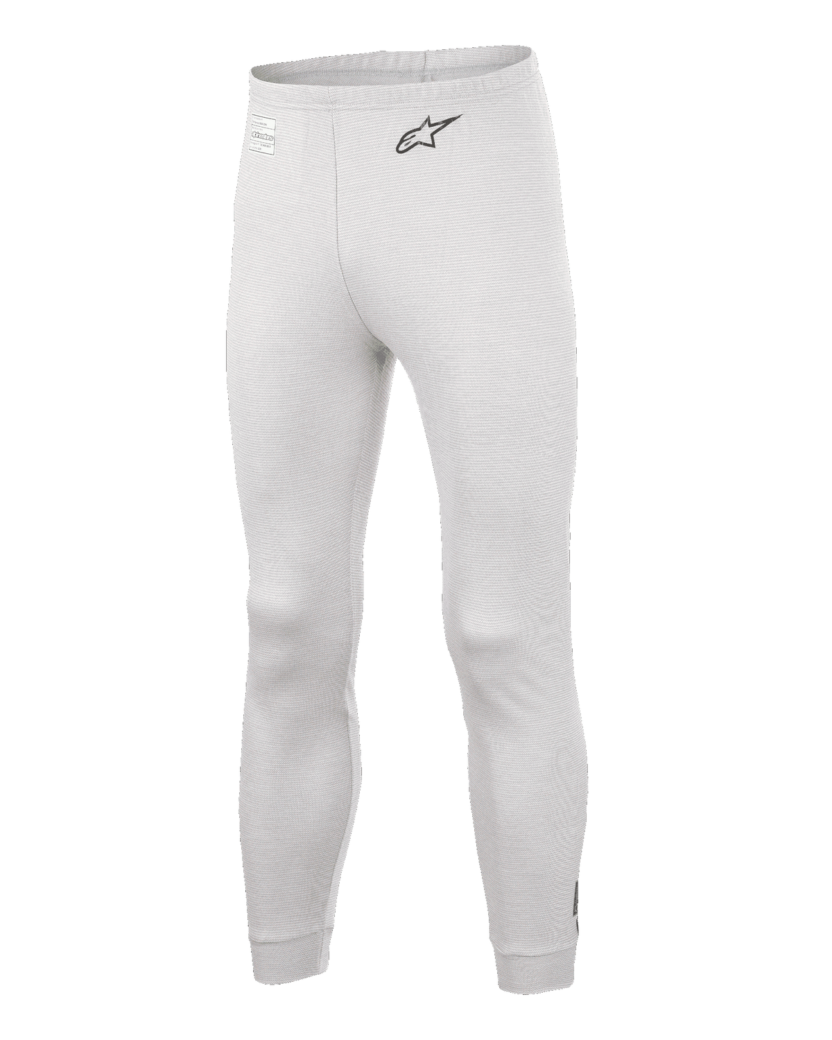 Alpinestars Race V3 Bottom, samochodowe spodnie termoaktywne warstwy bazowej, białe, teksturowany materiał ognioodporny, czarne logo A-star na biodrze, ściągacze przy kostkach i w pasie, lekka techniczna warstwa spodnia