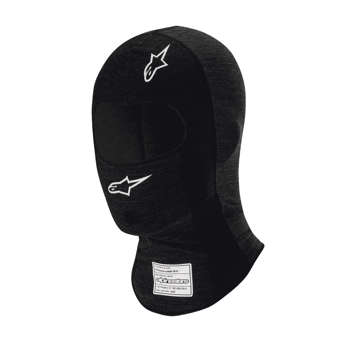 Alpinestars Race V3 Balaclava, czarna ognioodporna kominiarka wyścigowa, białe logo z gwiazdą na czole i policzku, etykieta z certyfikatem FIA na szyi, lekka tkanina techniczna z otworem na oczy, ochrona głowy w sportach motorowych