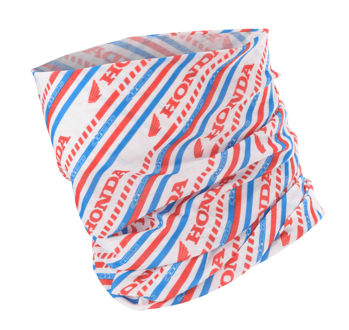 Alpinestars Honda Neck Tube, motocyklowa chusta wielofunkcyjna, biało-czerwono-niebieska, z ukośnymi paskami oraz logo Honda i Alpinestars, lekka jedwabista tkanina do jazdy wiosną i latem