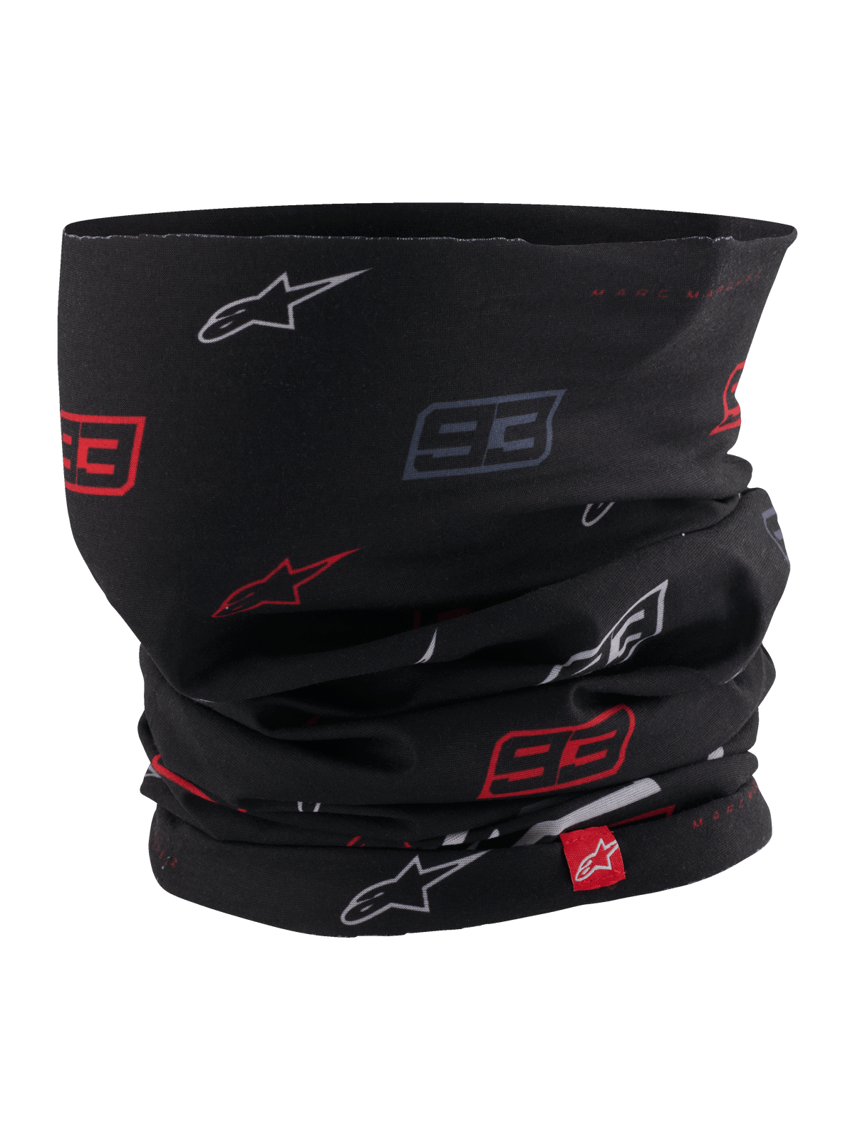 Alpinestars MM93 Neck Tube, komin motocyklowy, czarny z czerwono-białym wzorem logo gwiazdy i numerem 93 Marca Márqueza, lekki elastyczny materiał, z małą czerwoną metką Alpinestars