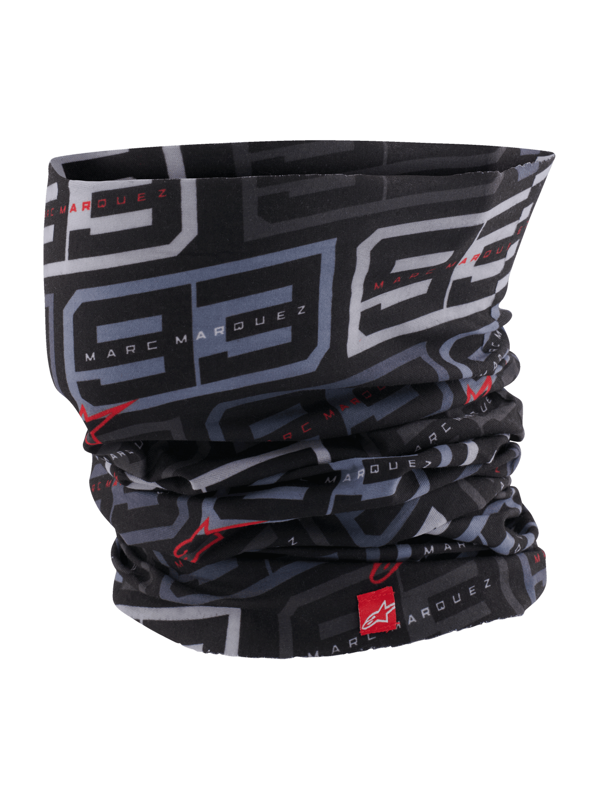 Alpinestars MM93 Neck Tube, Motorcycle Neck Gaiter, Black Anthracite and Bright Red, featuring a recurring gray '93' pattern and Marc Marquez branding, red Alpinestars logos, lightweight silky fabric for spring and summer road riding